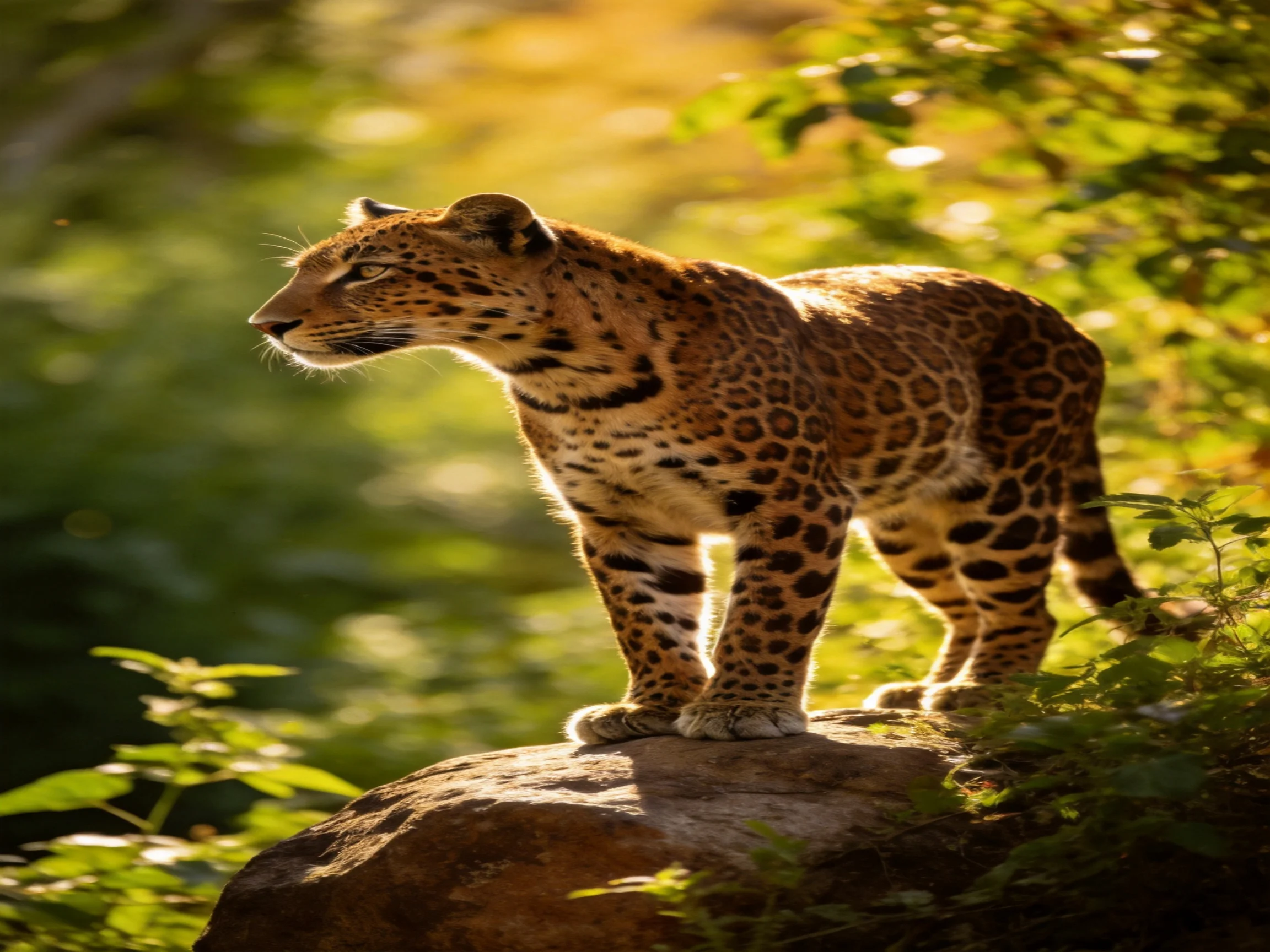 A spotted feline stands atop a large rock amid lush green foliage