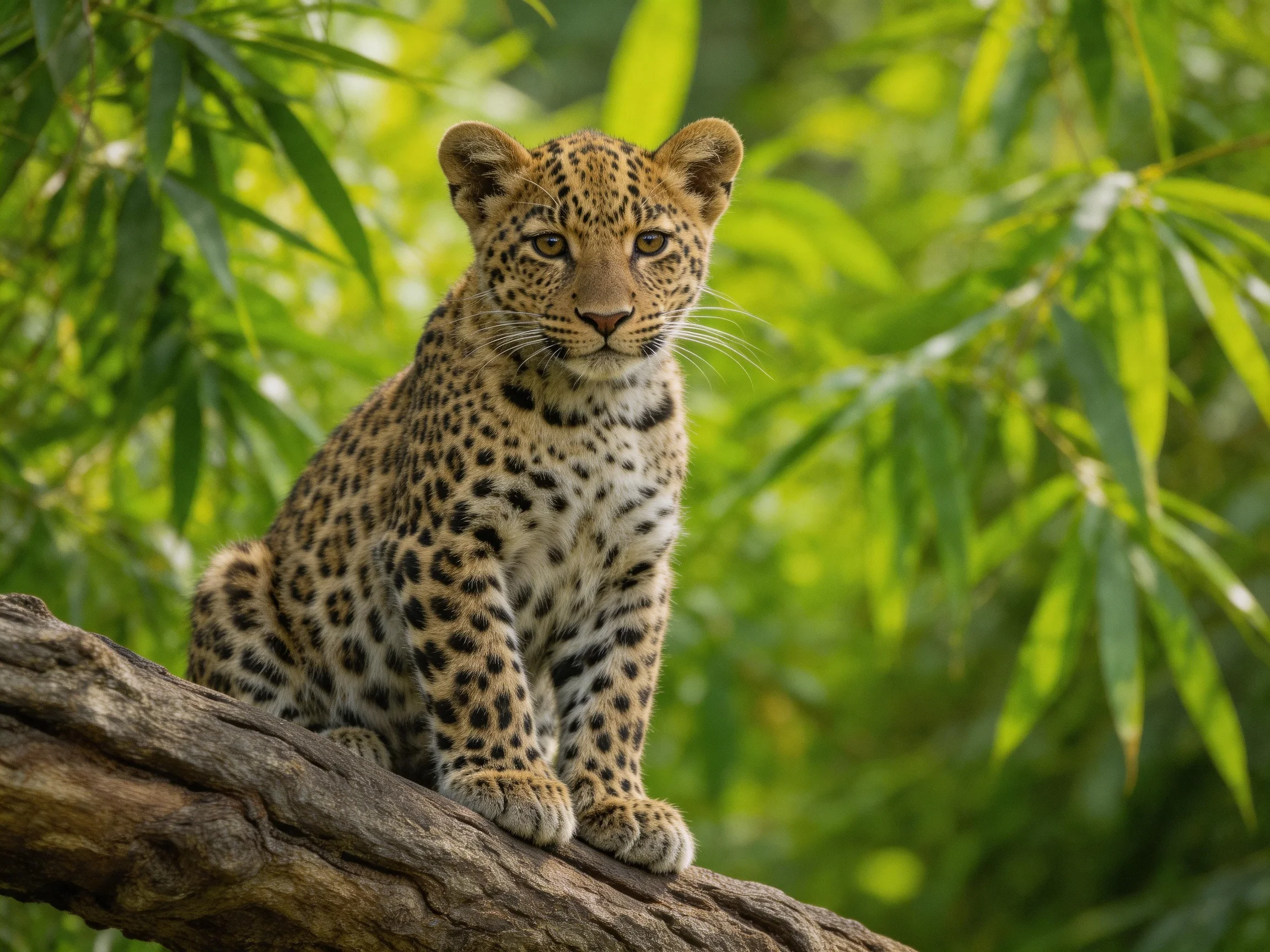 A young leopard cub rests on a tree branch in a verdant, leafy environment.