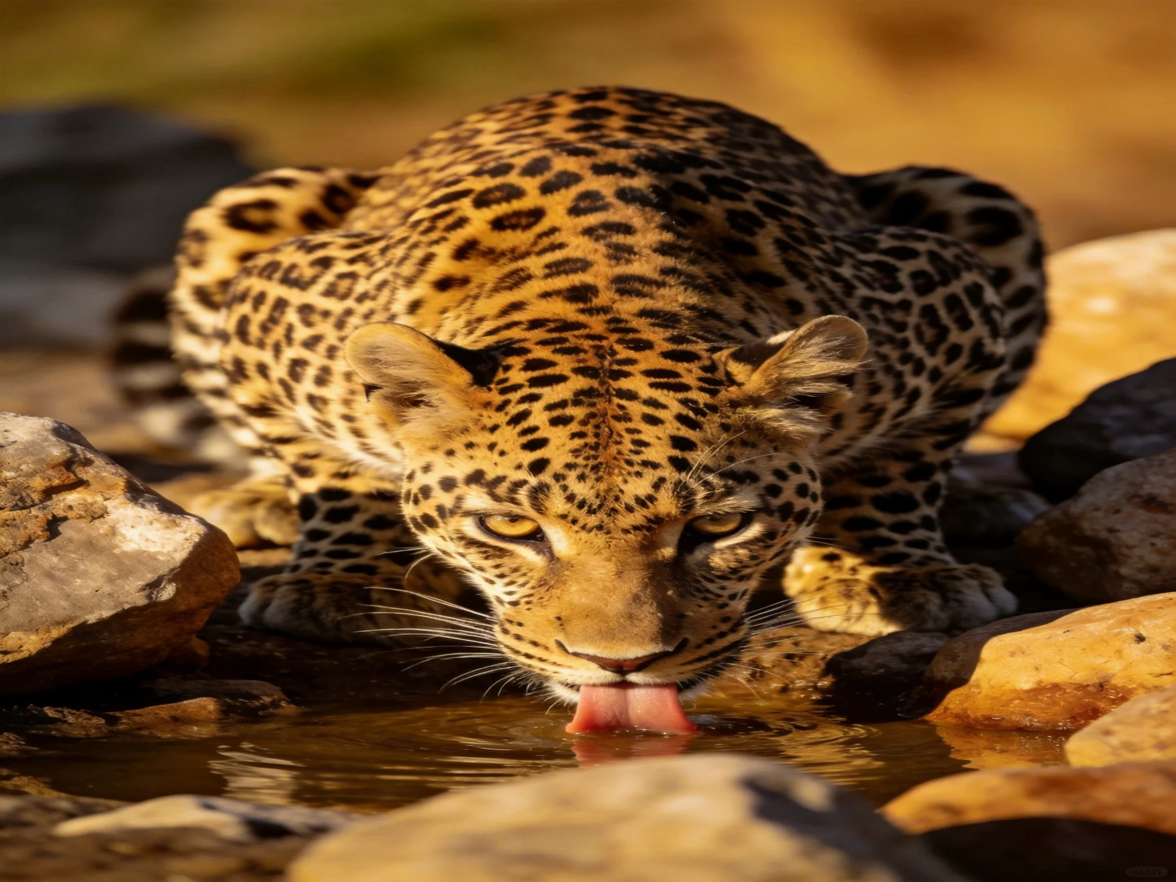 A leopard drinks water near rocks in a sunlit natural setting