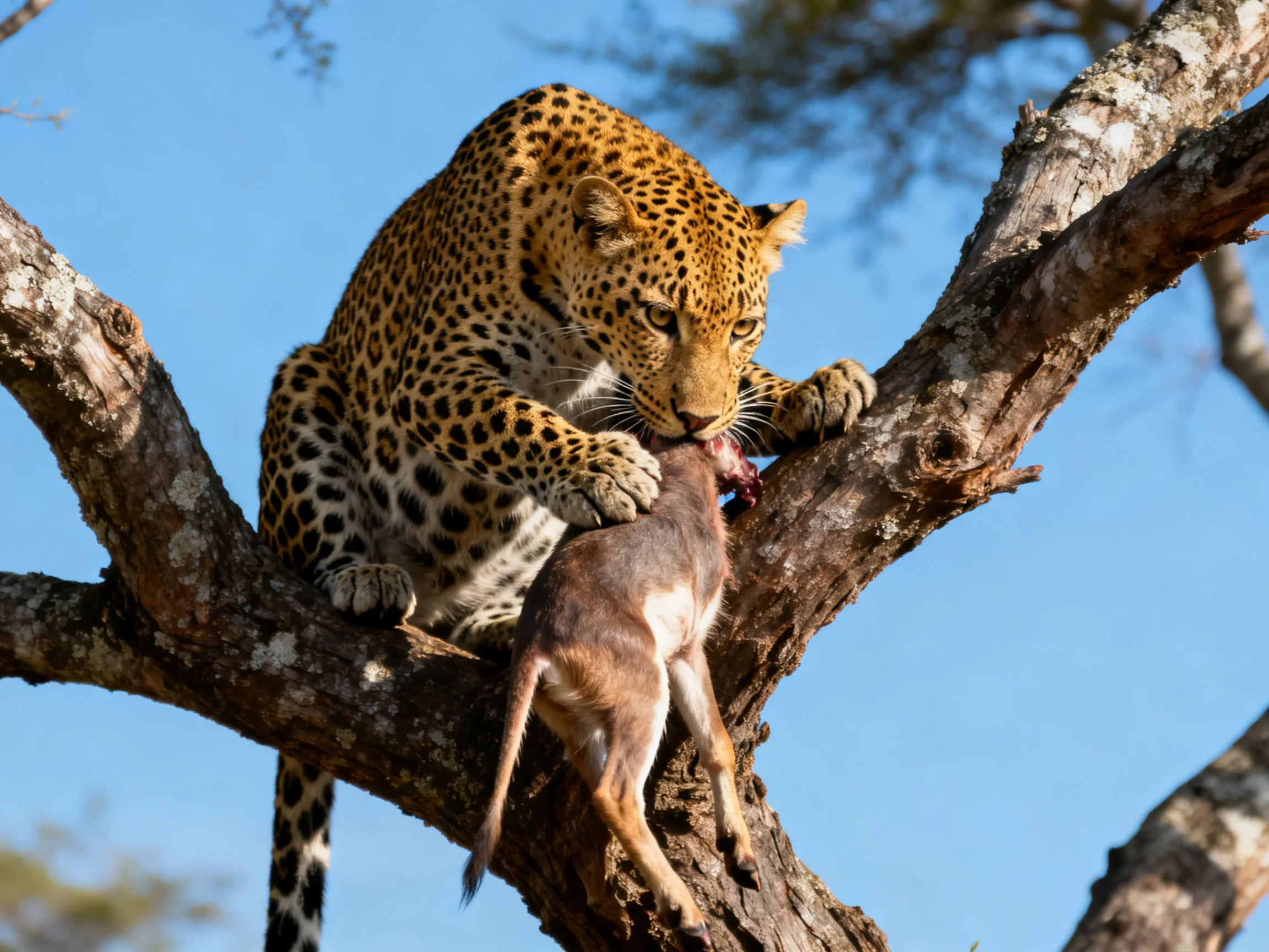 A spotted leopard feeds on prey in a gnarled tree branch