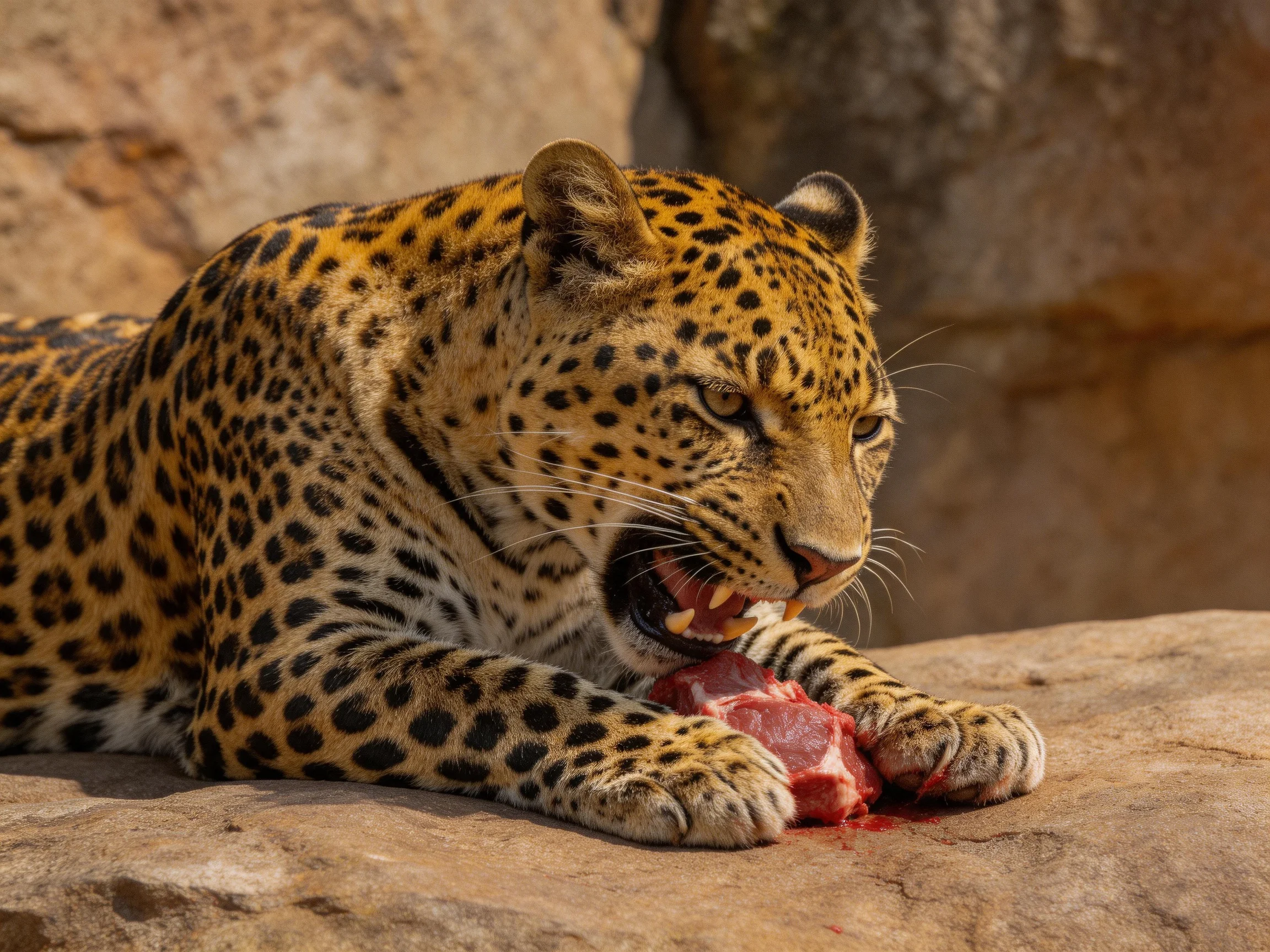 A leopard eats meat while resting on rocks.