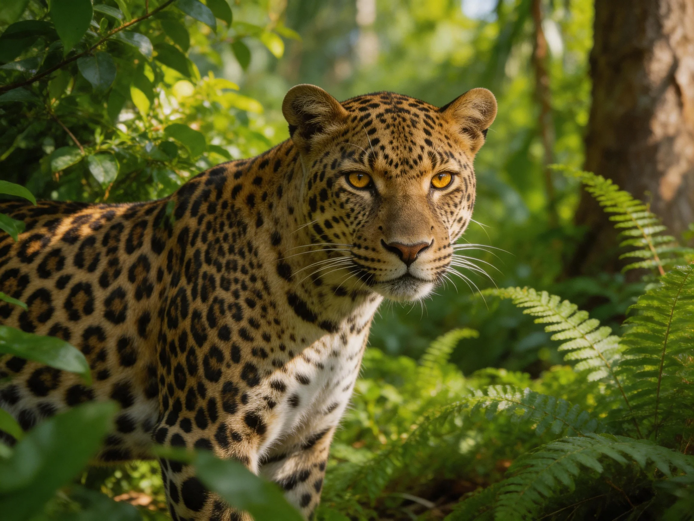 A leopard with distinct spots navigates lush greenery in a sunlit forest.