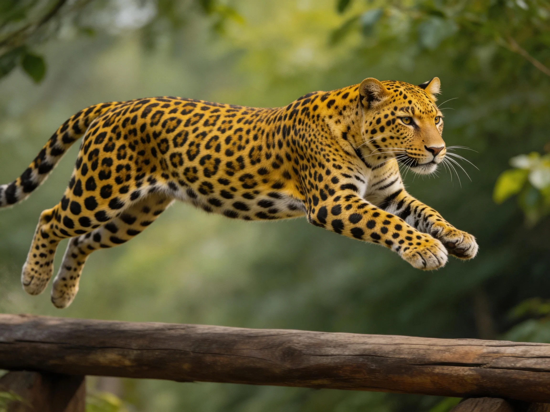 A leopard with golden fur and dark spots jumps over a wooden beam in a forest setting.