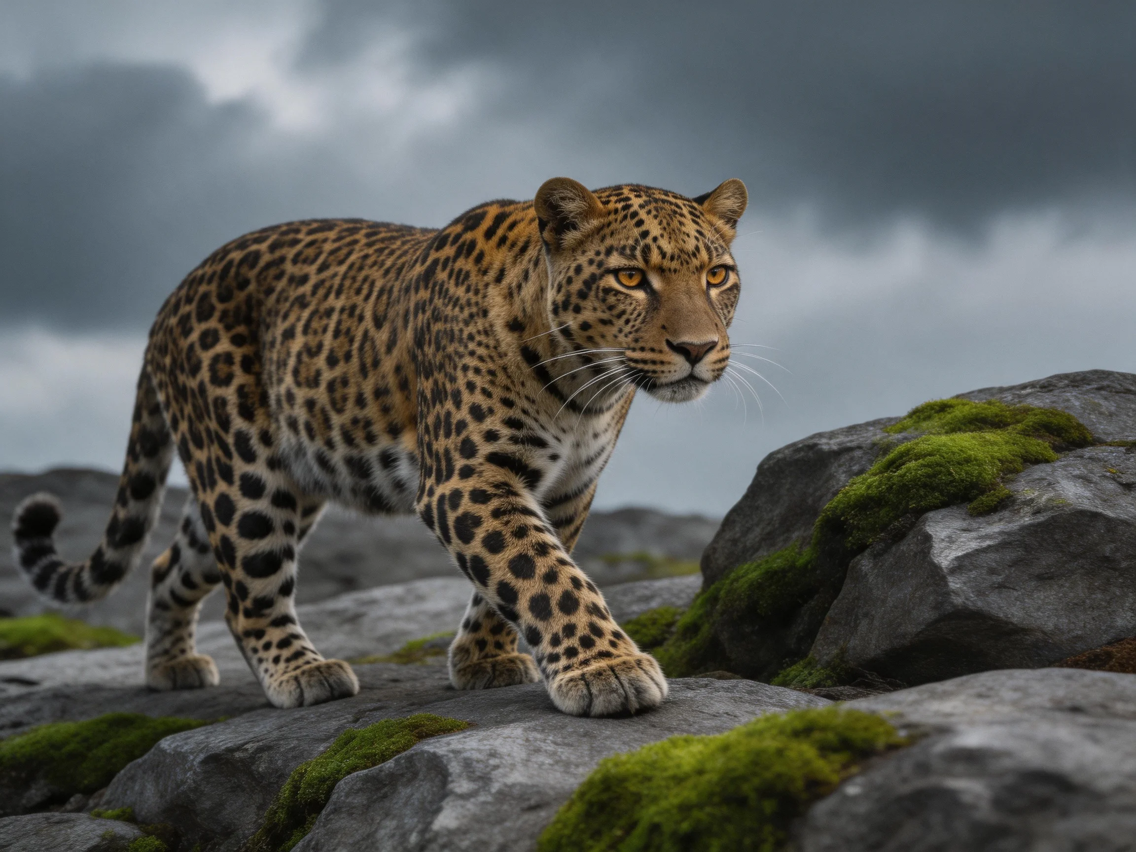A spotted leopard navigates moss-laden rocky terrain beneath stormy skies