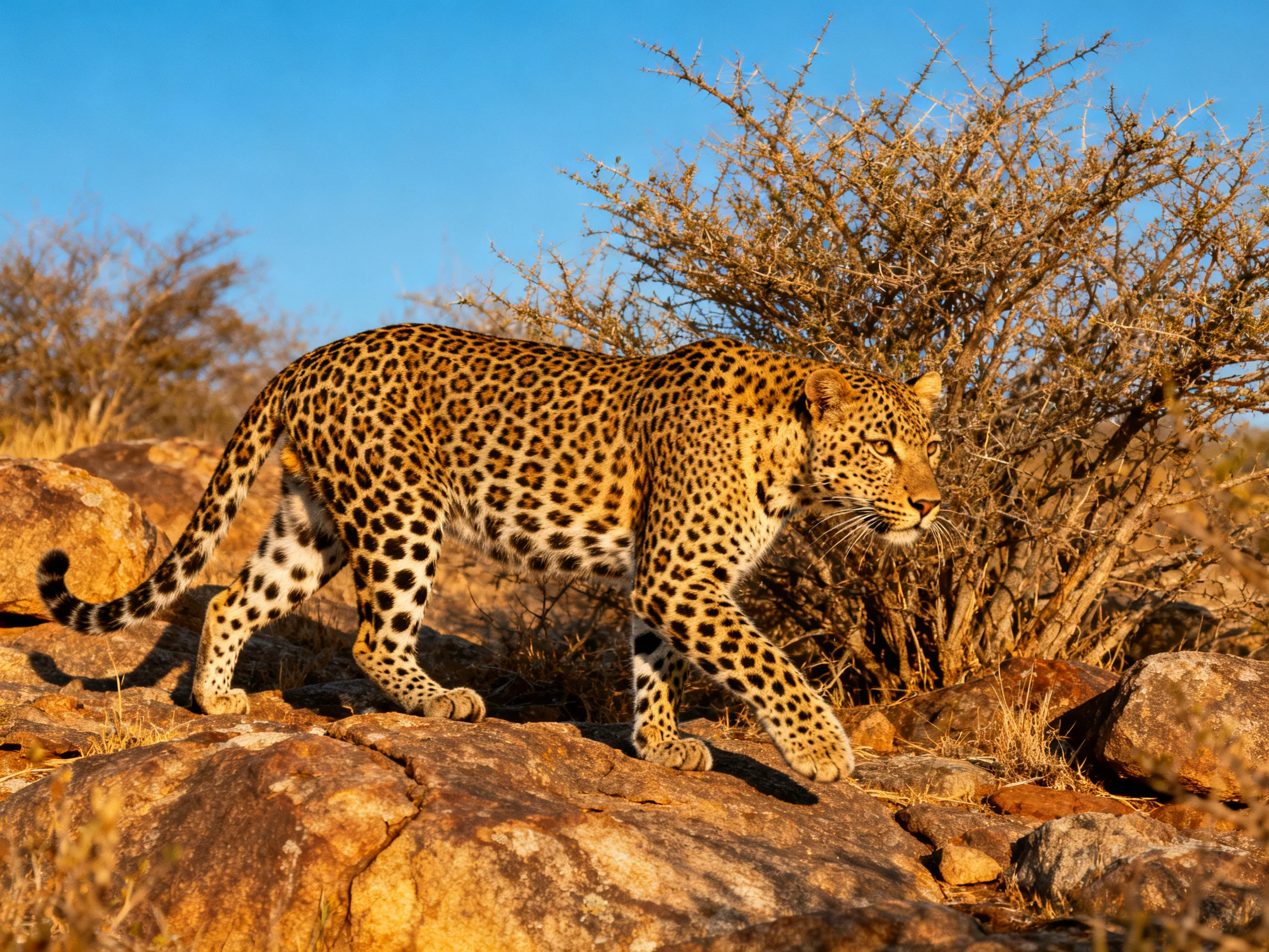 A spotted leopard navigates rocky terrain near dry bushes under a clear blue sky