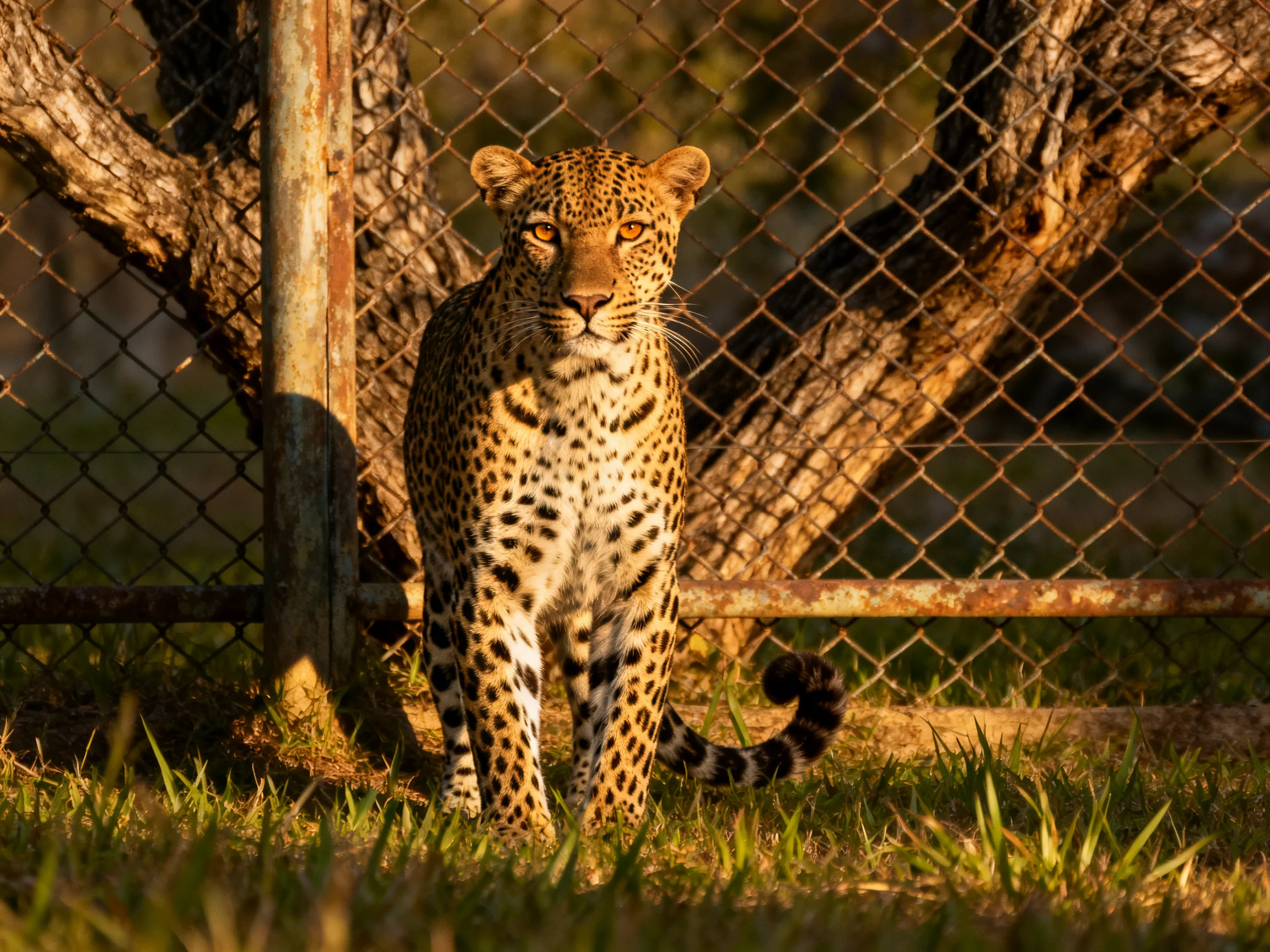 A spotted leopard near a rusted chain-link fence with large trees