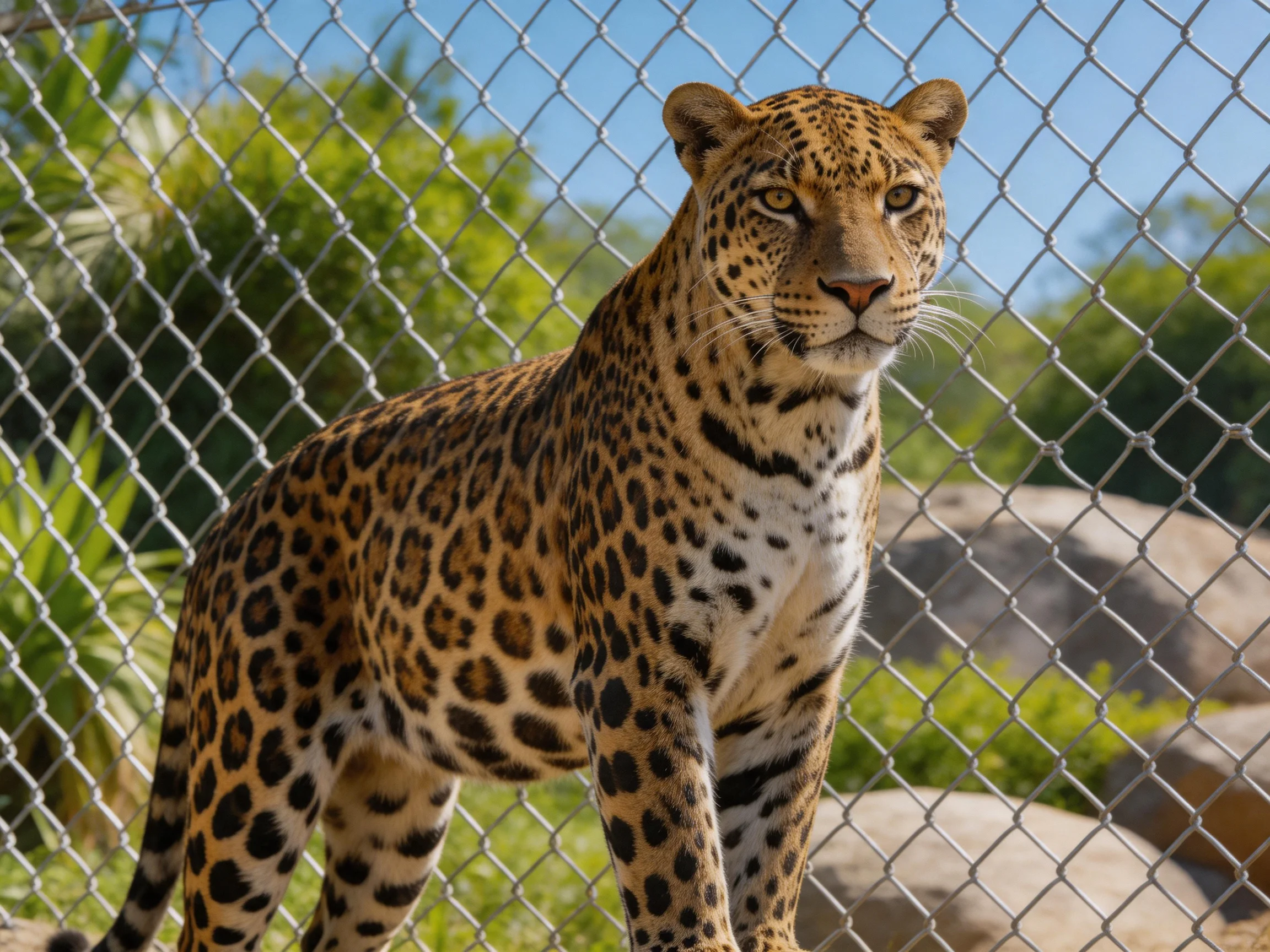 A spotted leopard stands behind a chain-link fence in an outdoor enclosure.