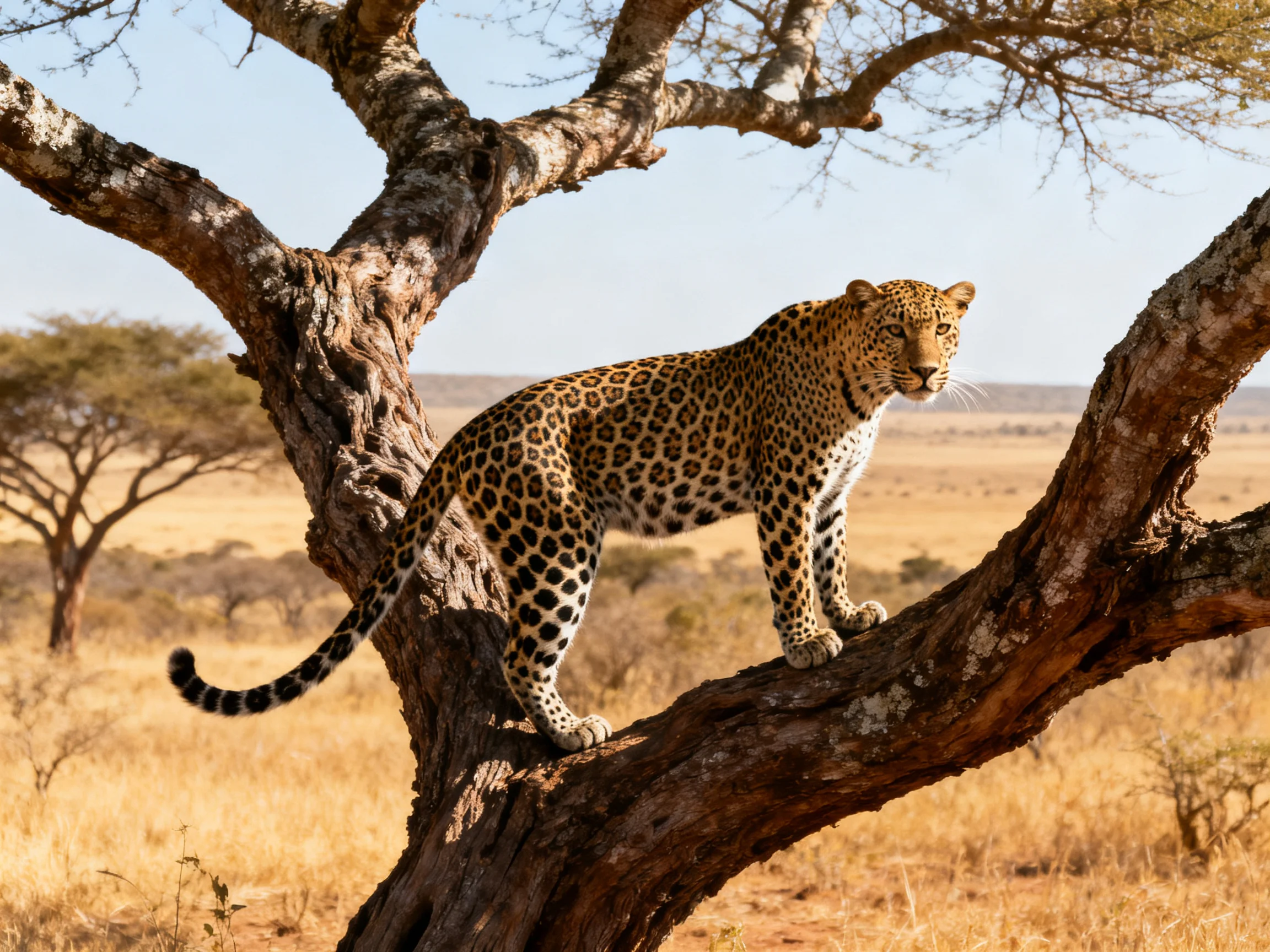 A spotted leopard perched on a gnarled acacia branch