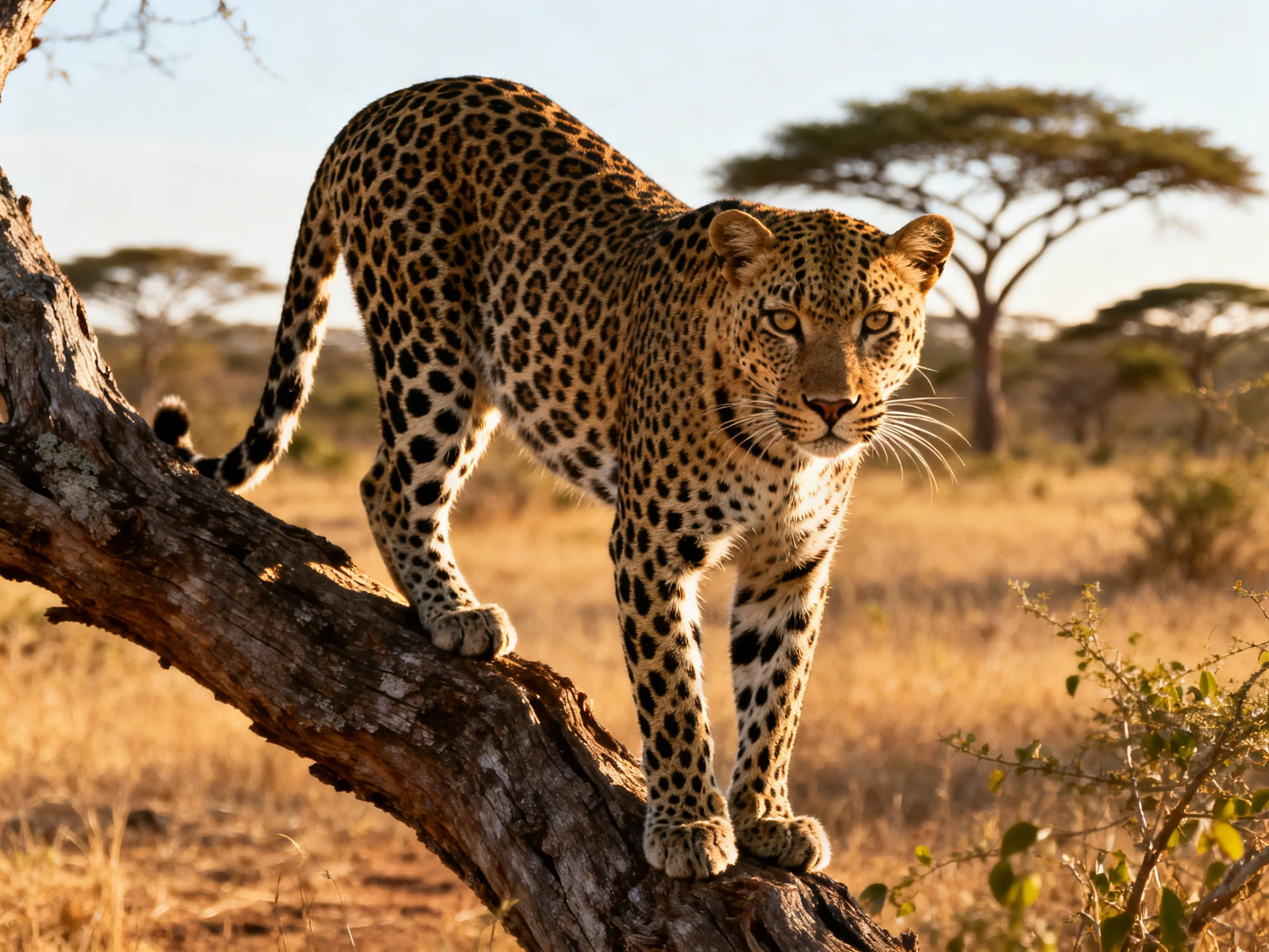 A leopard stands alert on a tree branch amid an open savannah landscape.