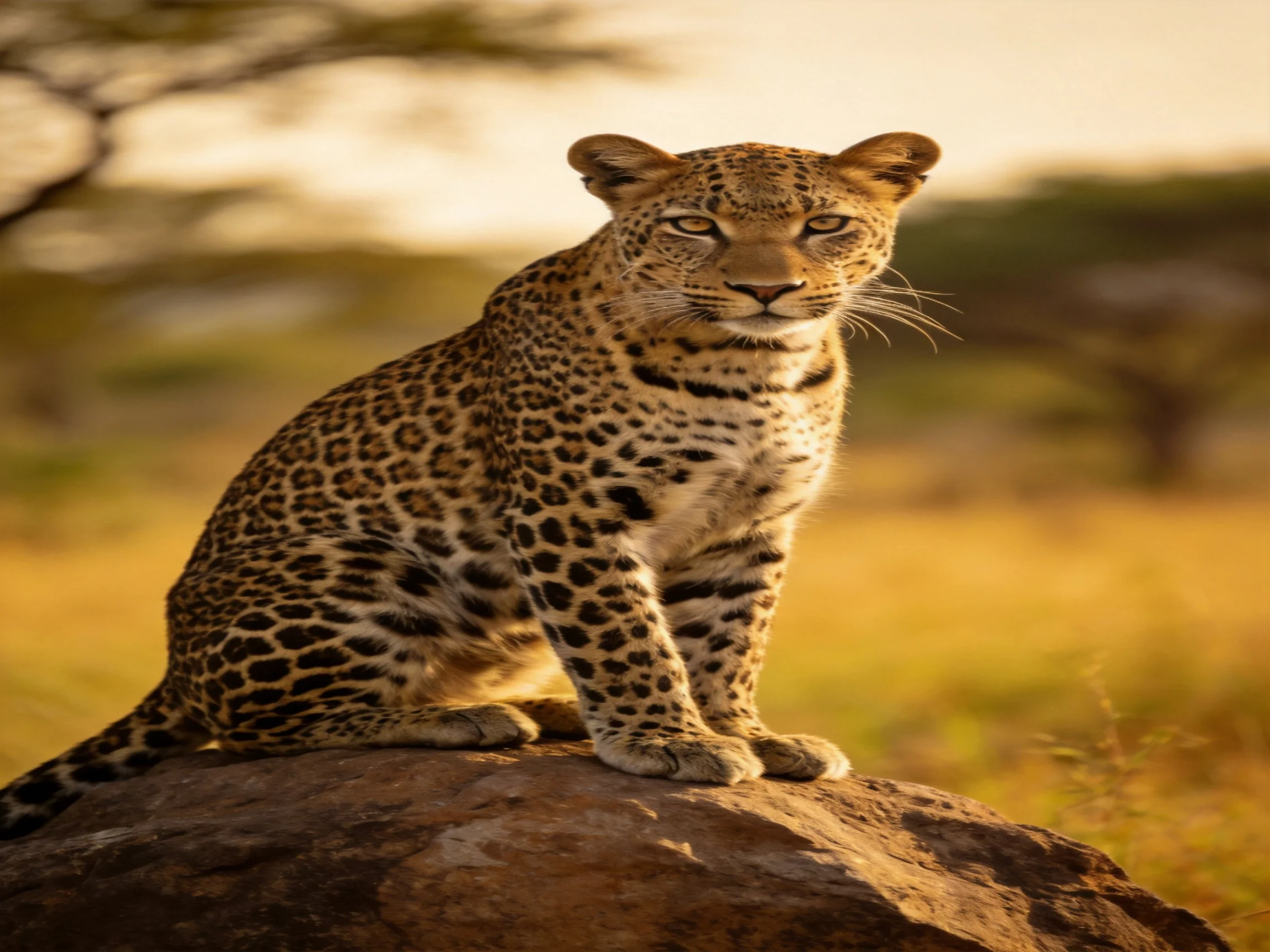 A spotted leopard rests on a large rock in a sunlit savannah landscape.