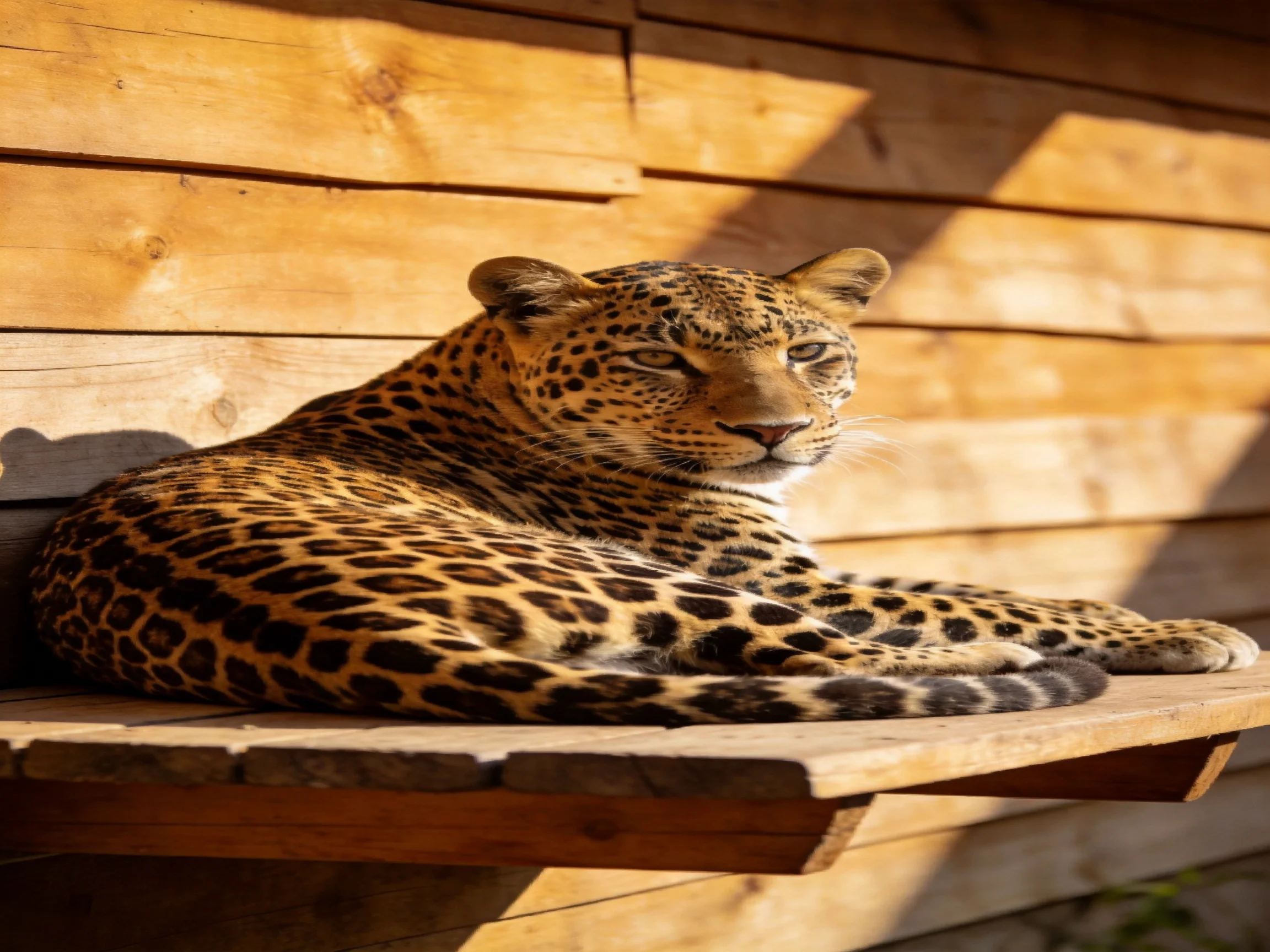 A spotted leopard rests on a wooden shelf near a wooden wall in sunlight.