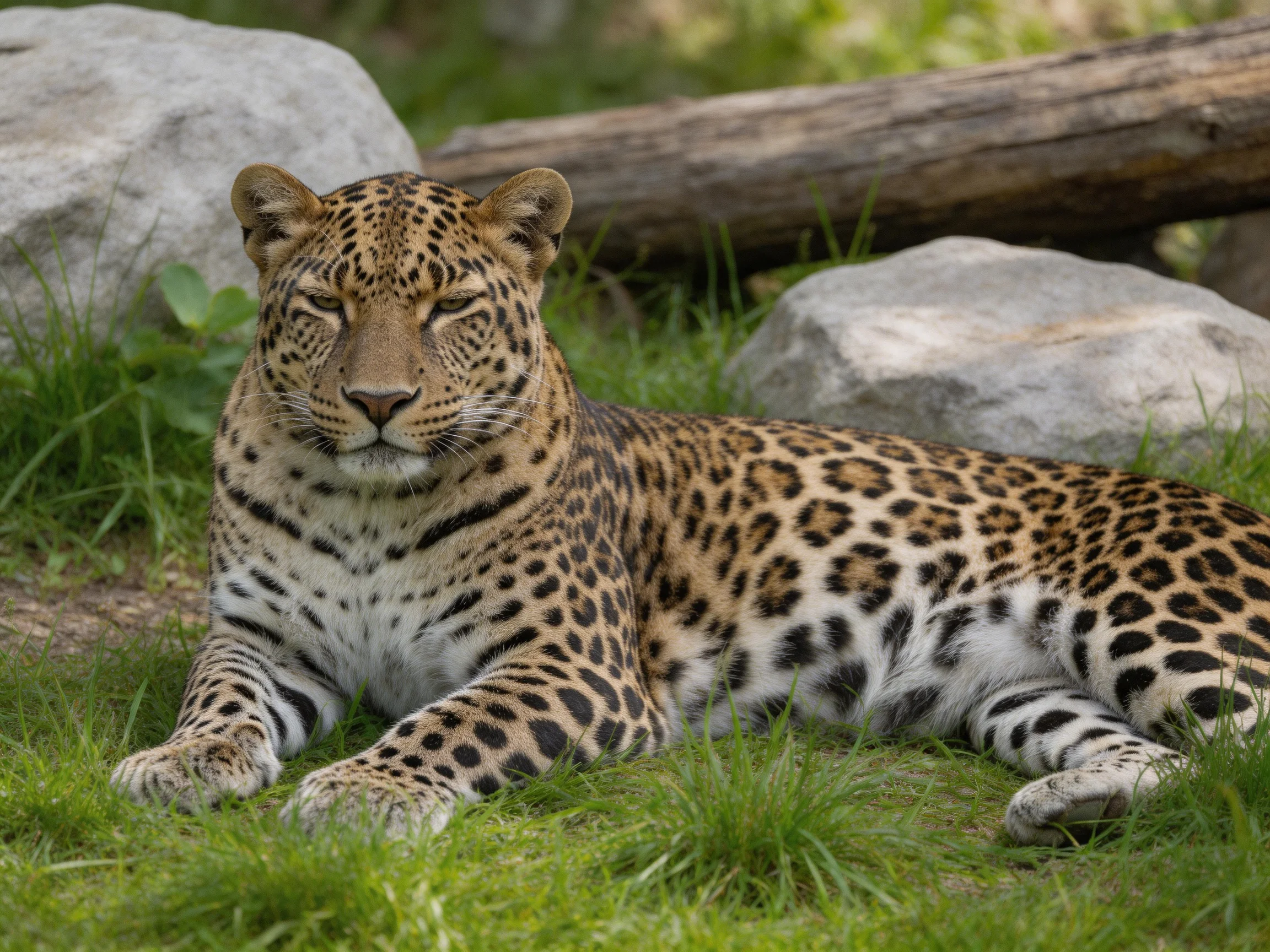 A spotted leopard relaxes on green grass near rocks.