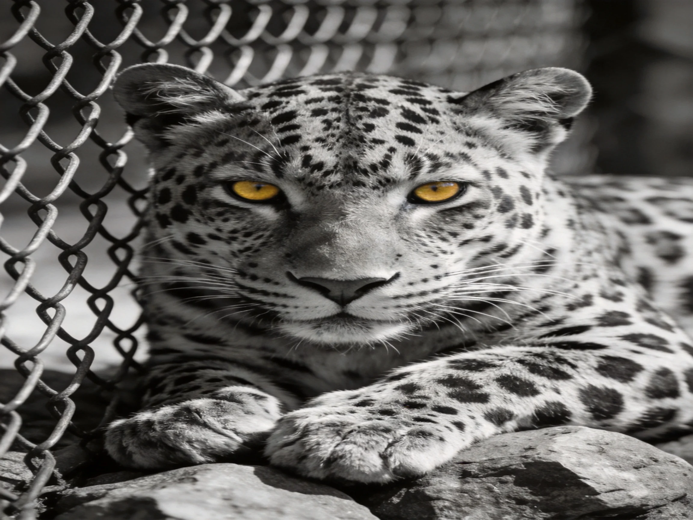 A spotted leopard rests near a chain-link fence, its bright yellow eyes prominent.