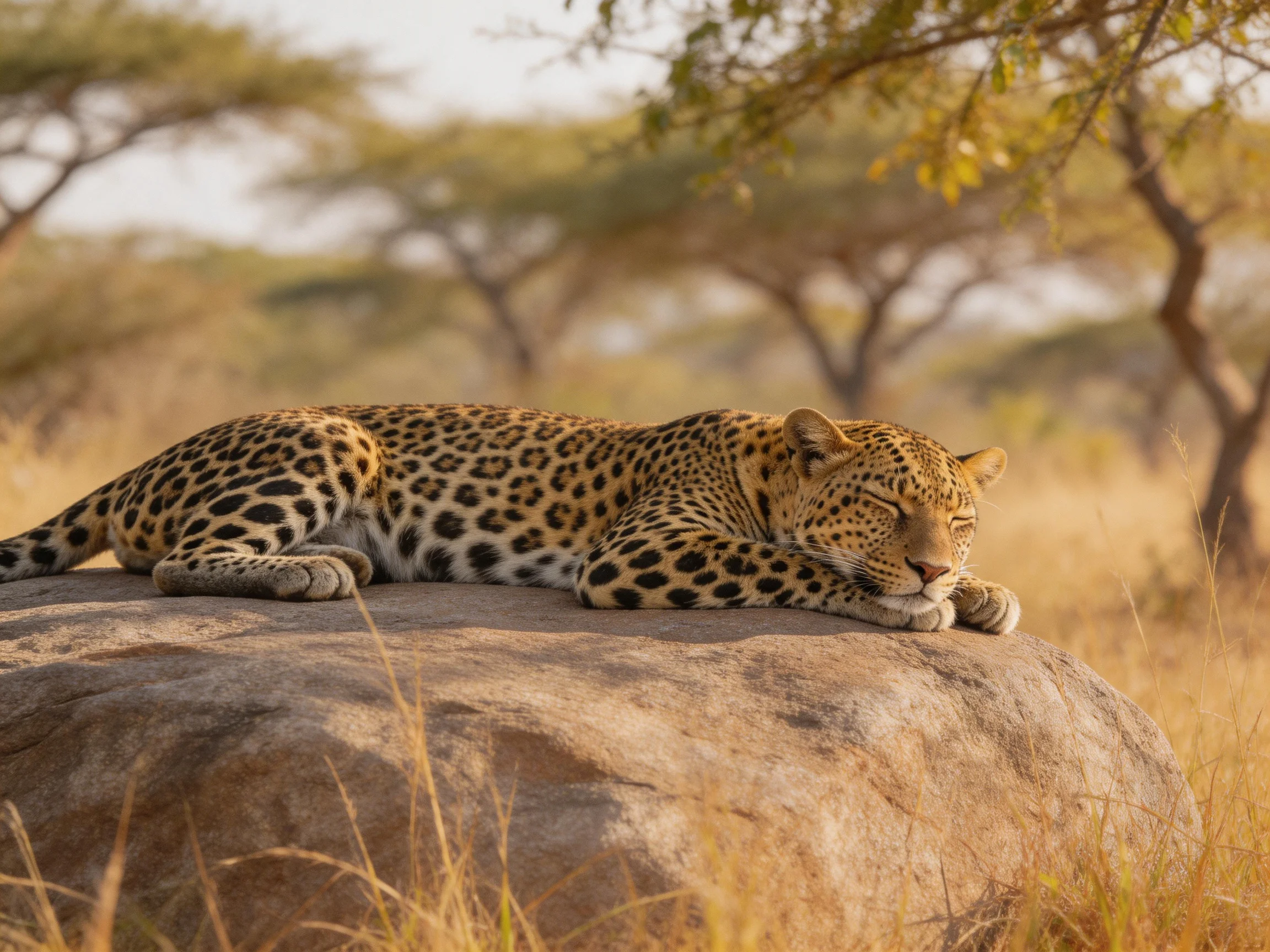 A leopard rests on a rock in a sunlit savannah landscape.