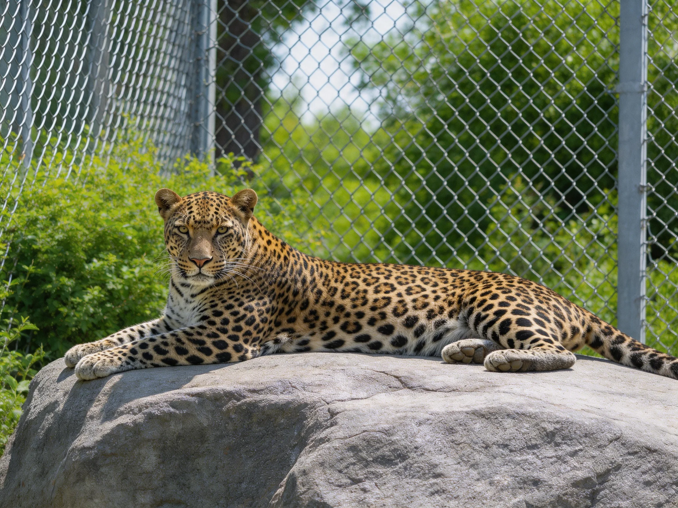 A spotted leopard relaxes on a large rock beside a chain-link fence in an enclosure.