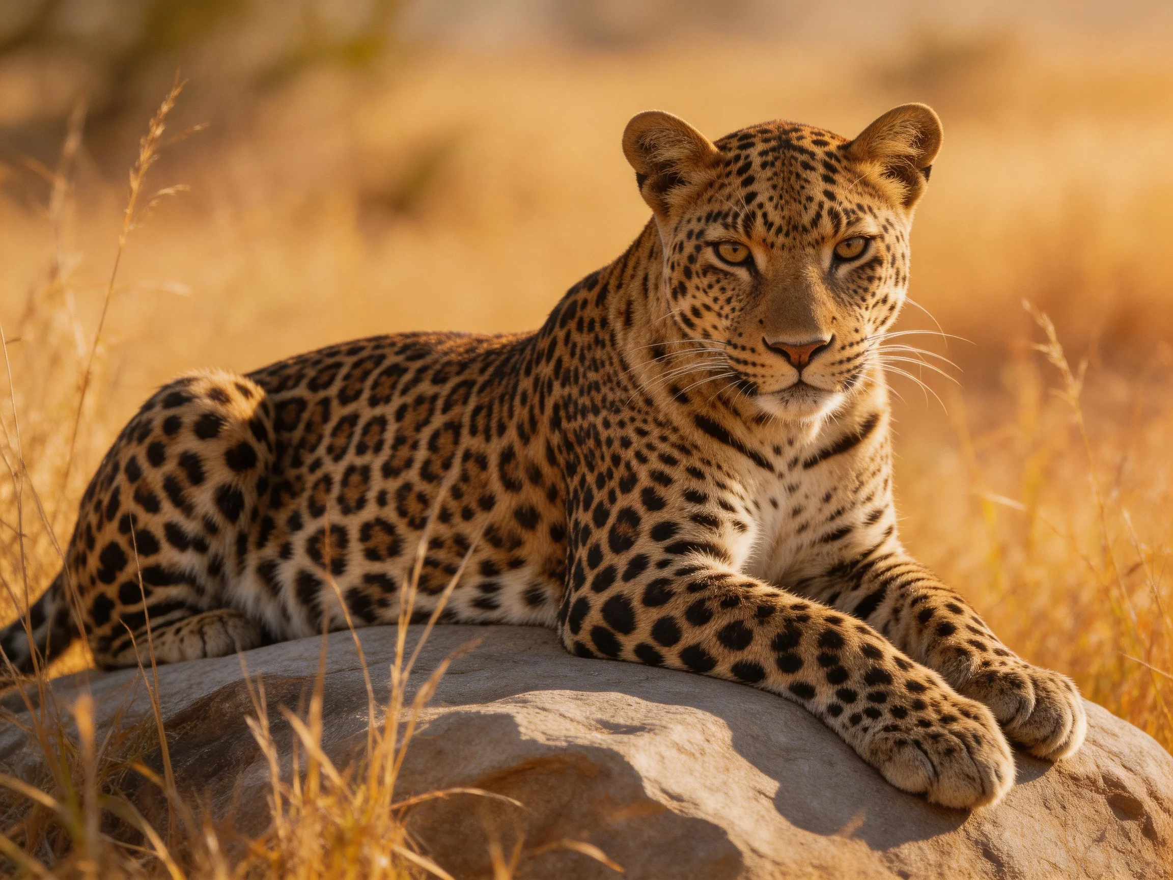 A leopard with distinct spotted markings relaxes on a rock among tall dry grass