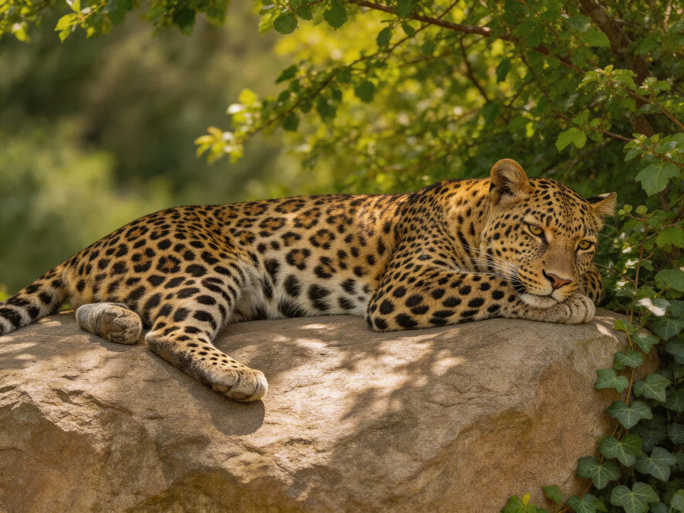 A leopard relaxes on a rock surrounded by greenery in natural light.