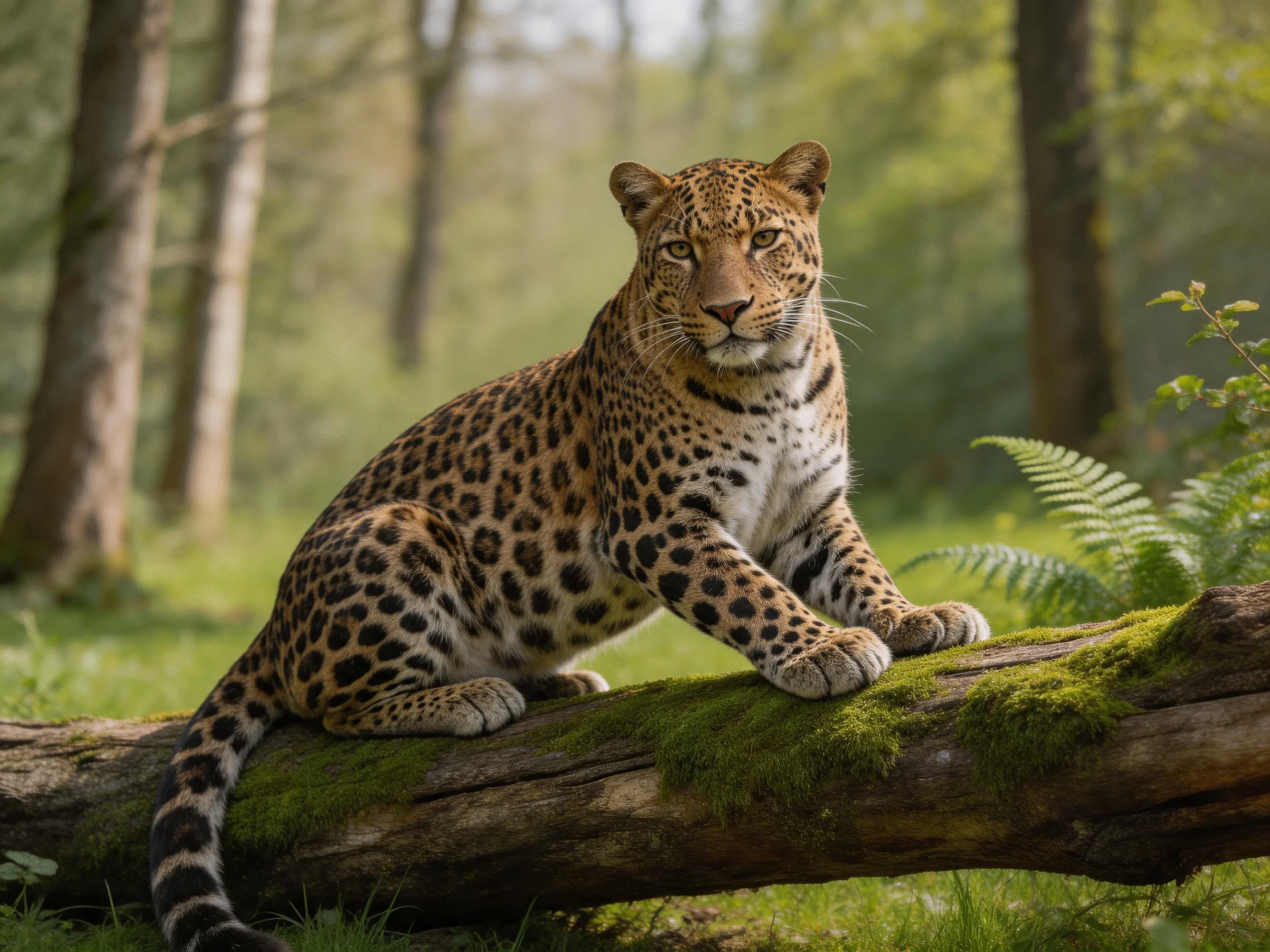 A spotted leopard rests on a moss-covered fallen tree trunk in a sunlit forest
