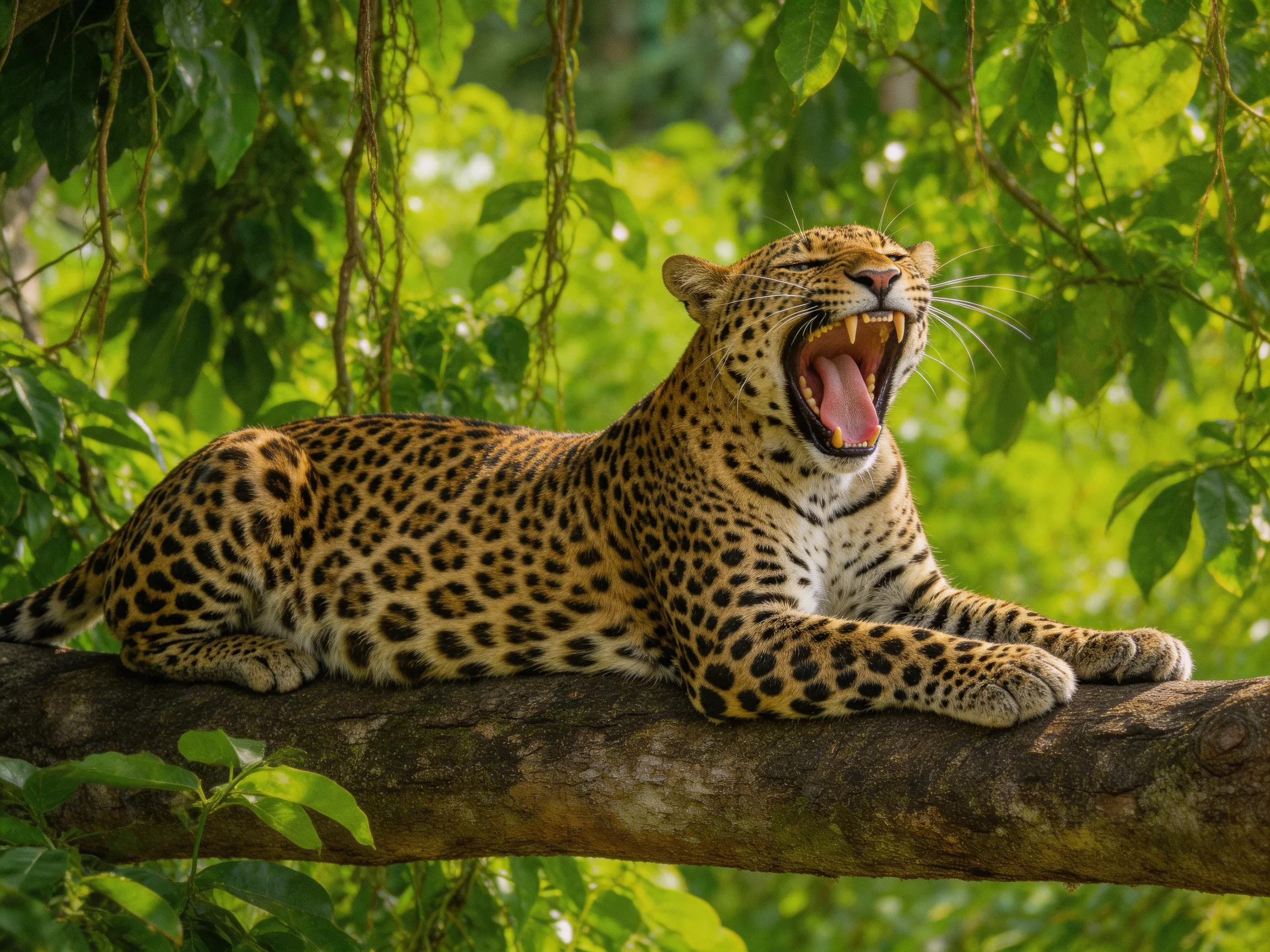 A spotted leopard relaxes on a tree branch in a verdant forest.