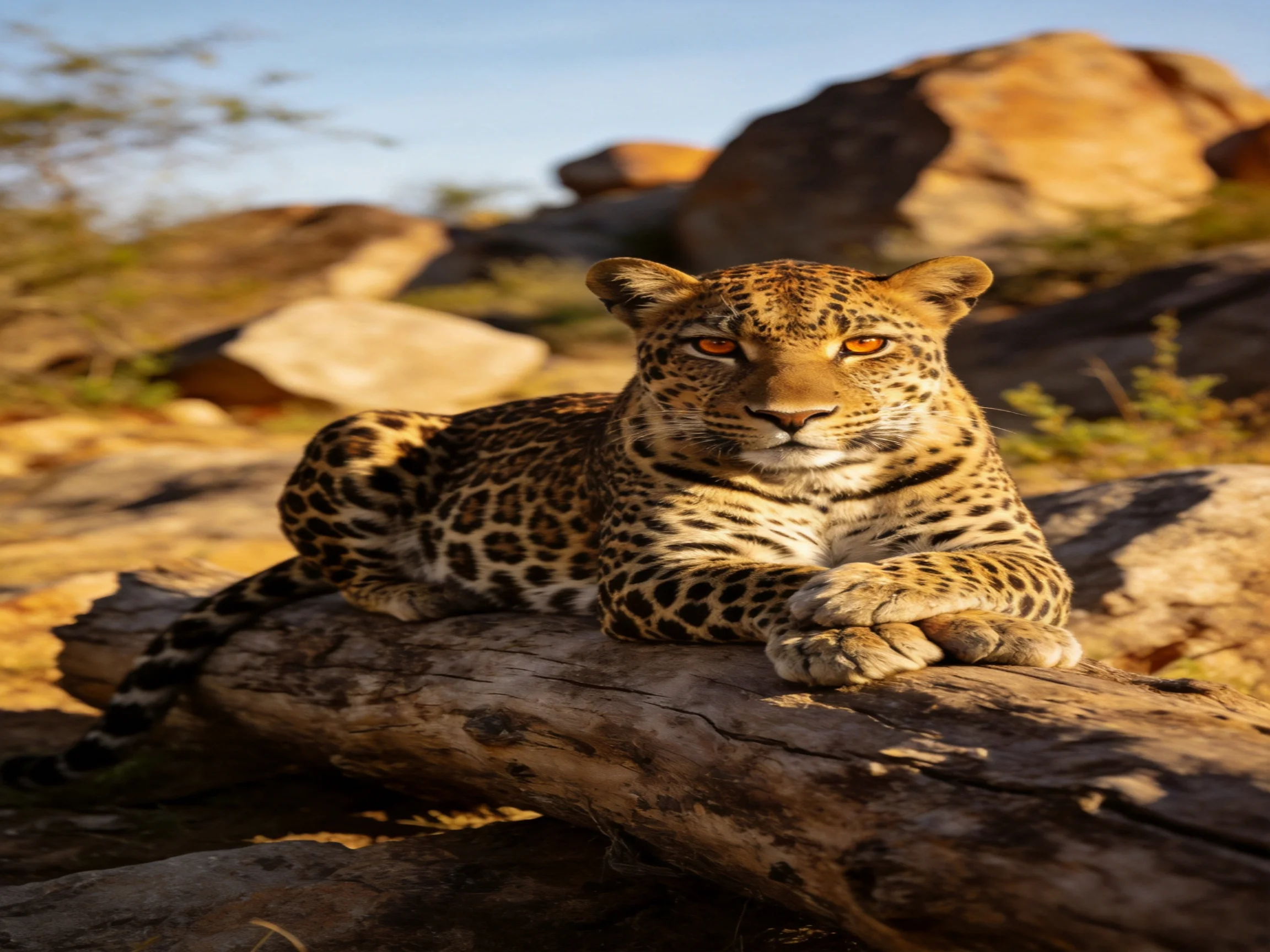 A leopard relaxes on a log surrounded by rocks in a sunlit landscape.
