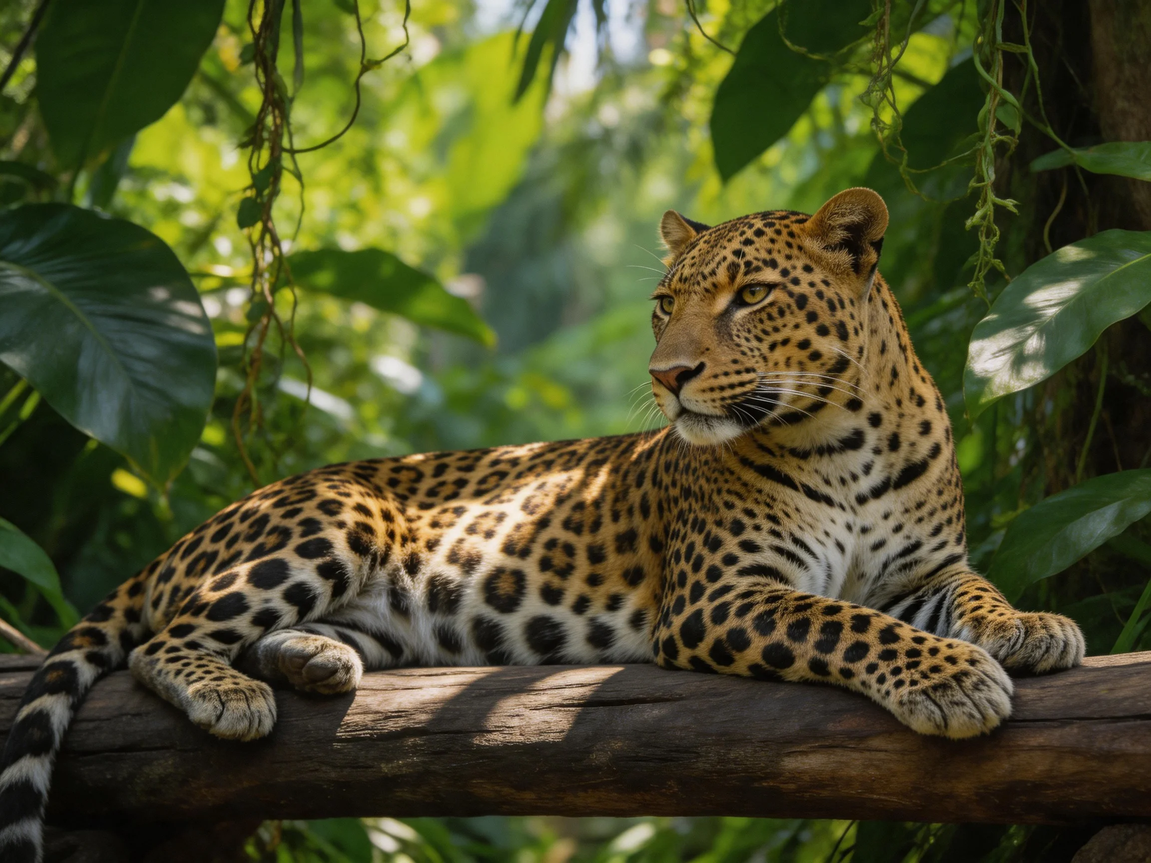 A leopard relaxes on a log surrounded by dense green vegetation.