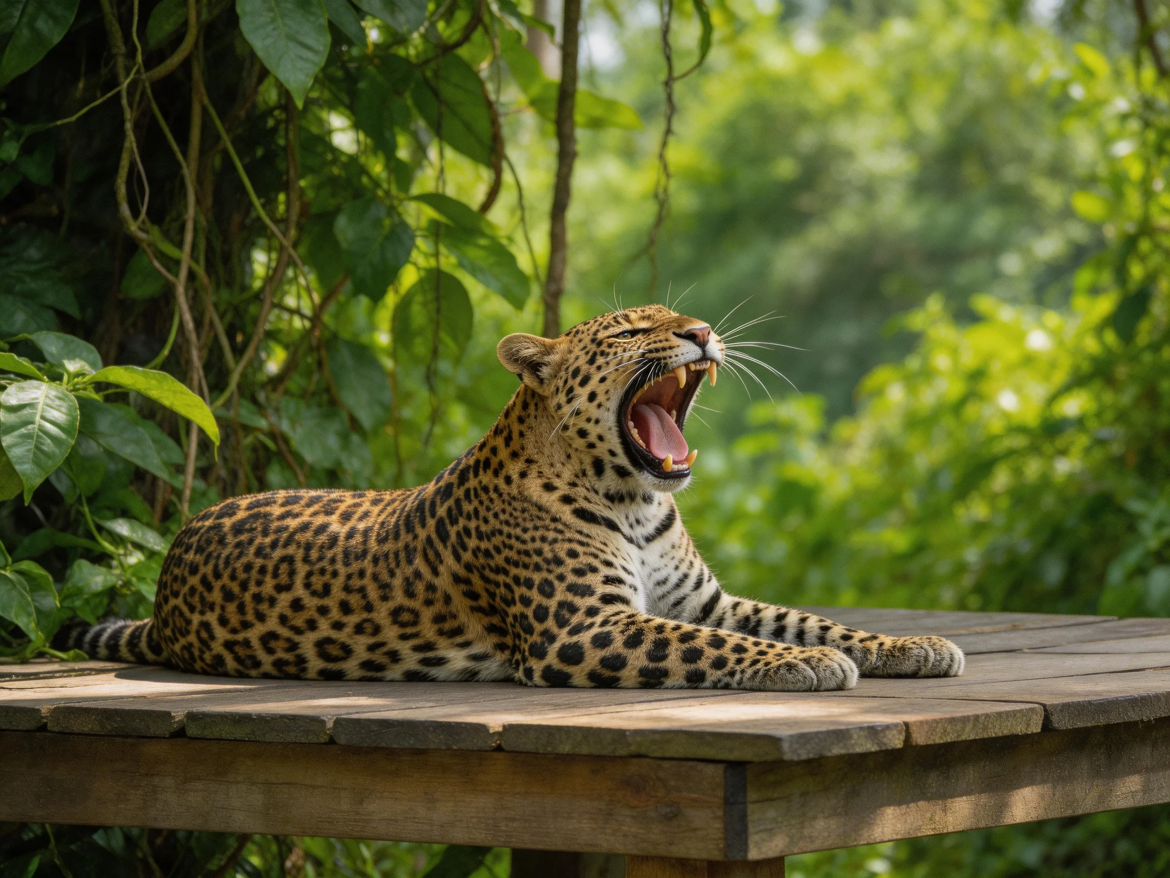 A leopard relaxes on a wooden platform surrounded by dense green plants