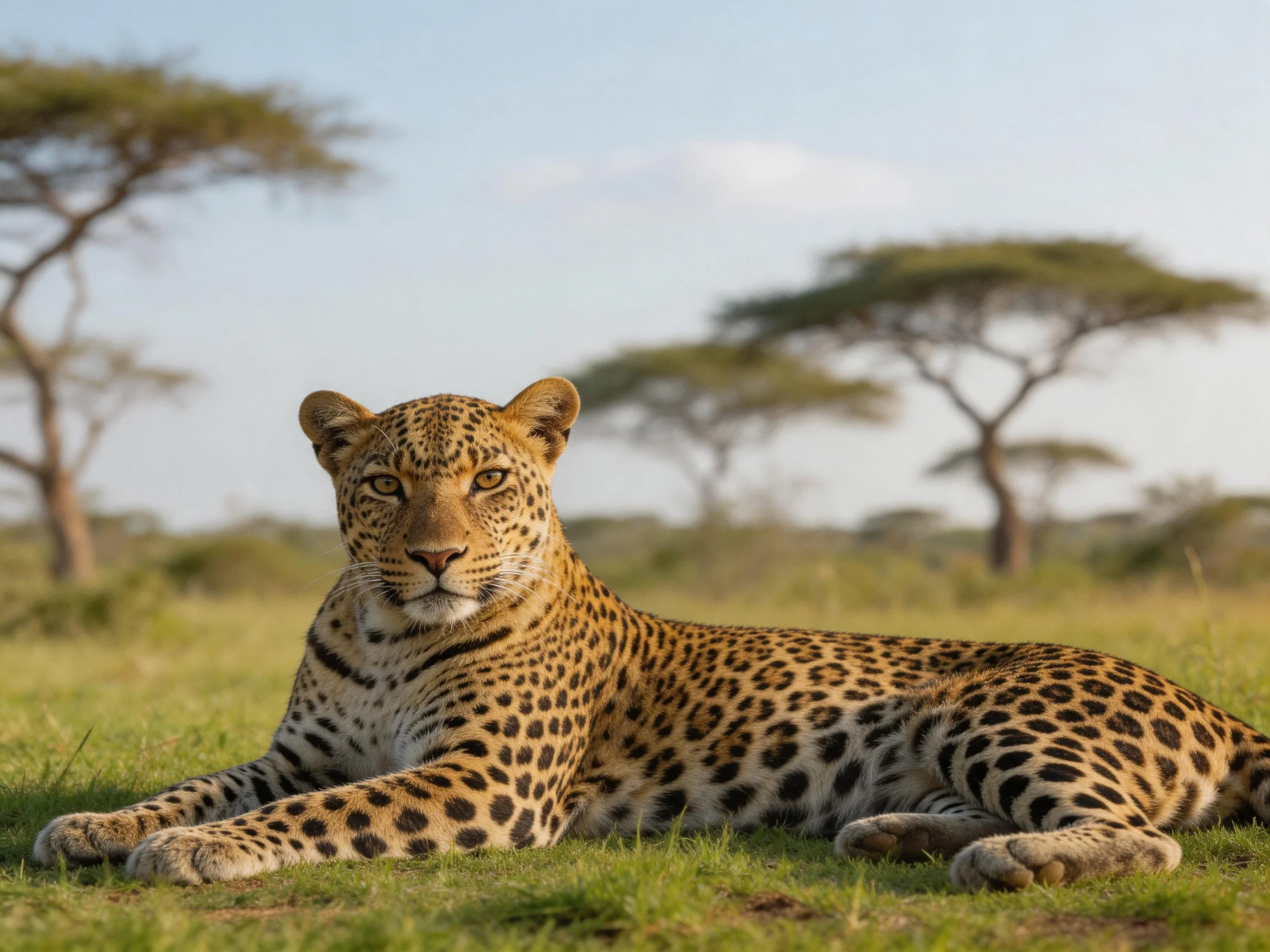 A spotted leopard lies calmly ongrass in an open savannah landscape.
