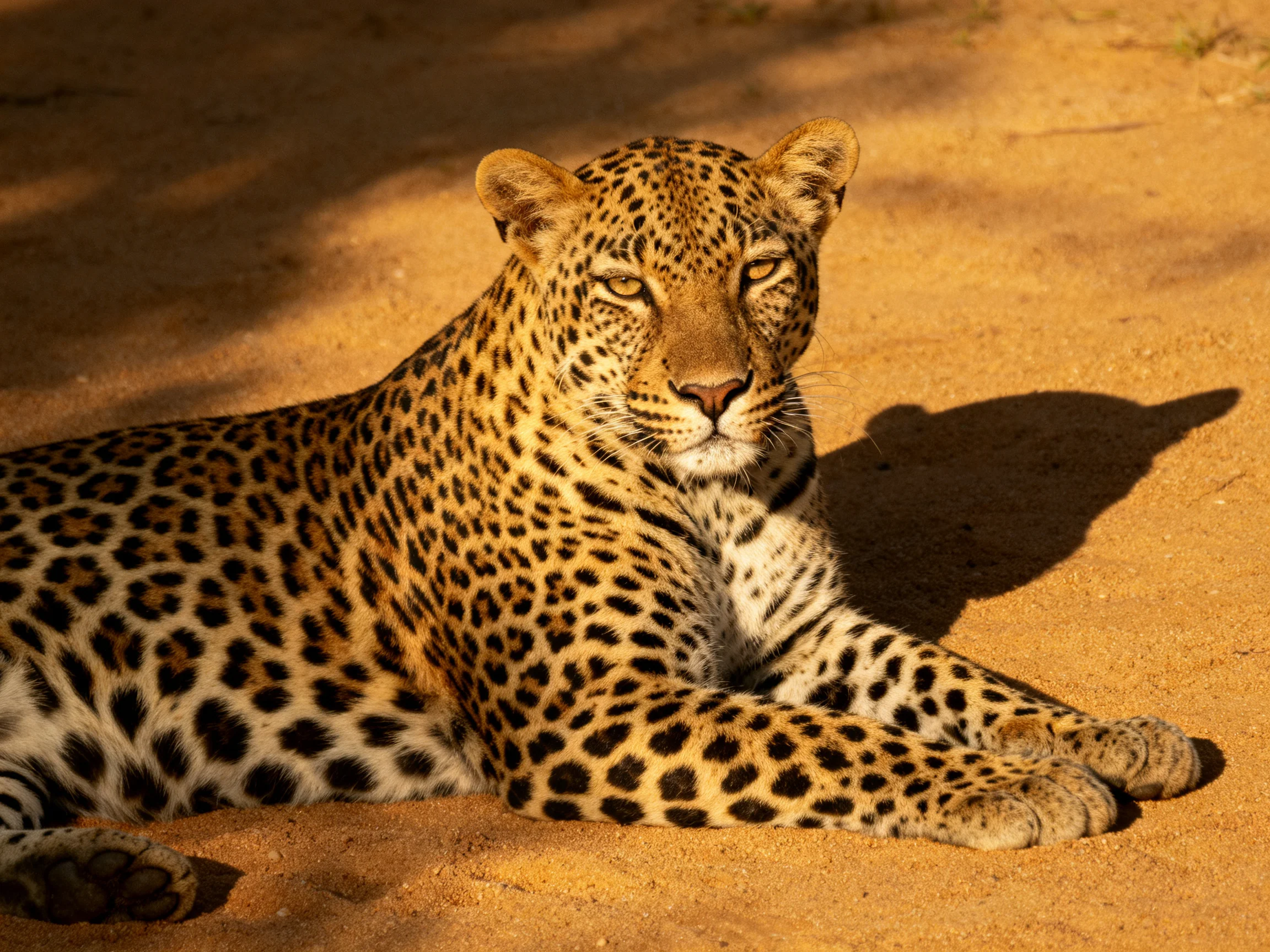A leopard lies on sandy terrain under bright sunlight.