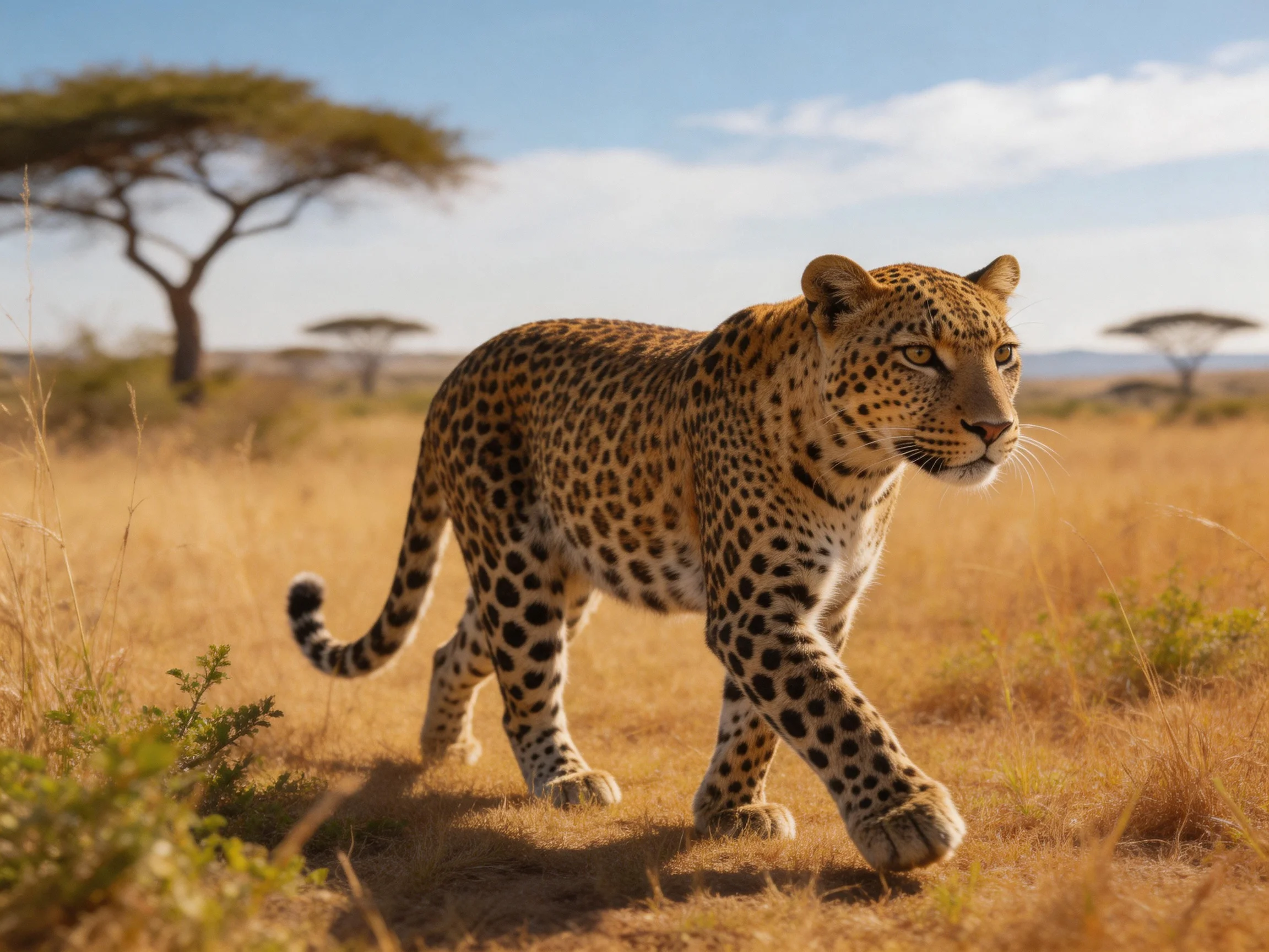 A leopard walks through tall golden grass near scattered acacia trees.