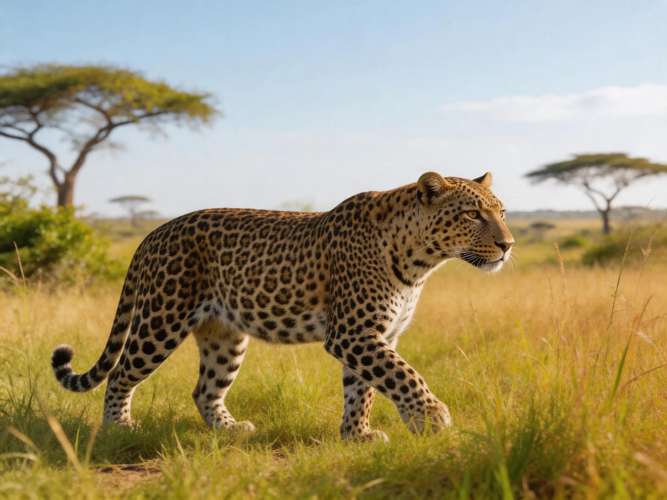 A leopard with brown-spotted fur moves through tall savannah grasses.