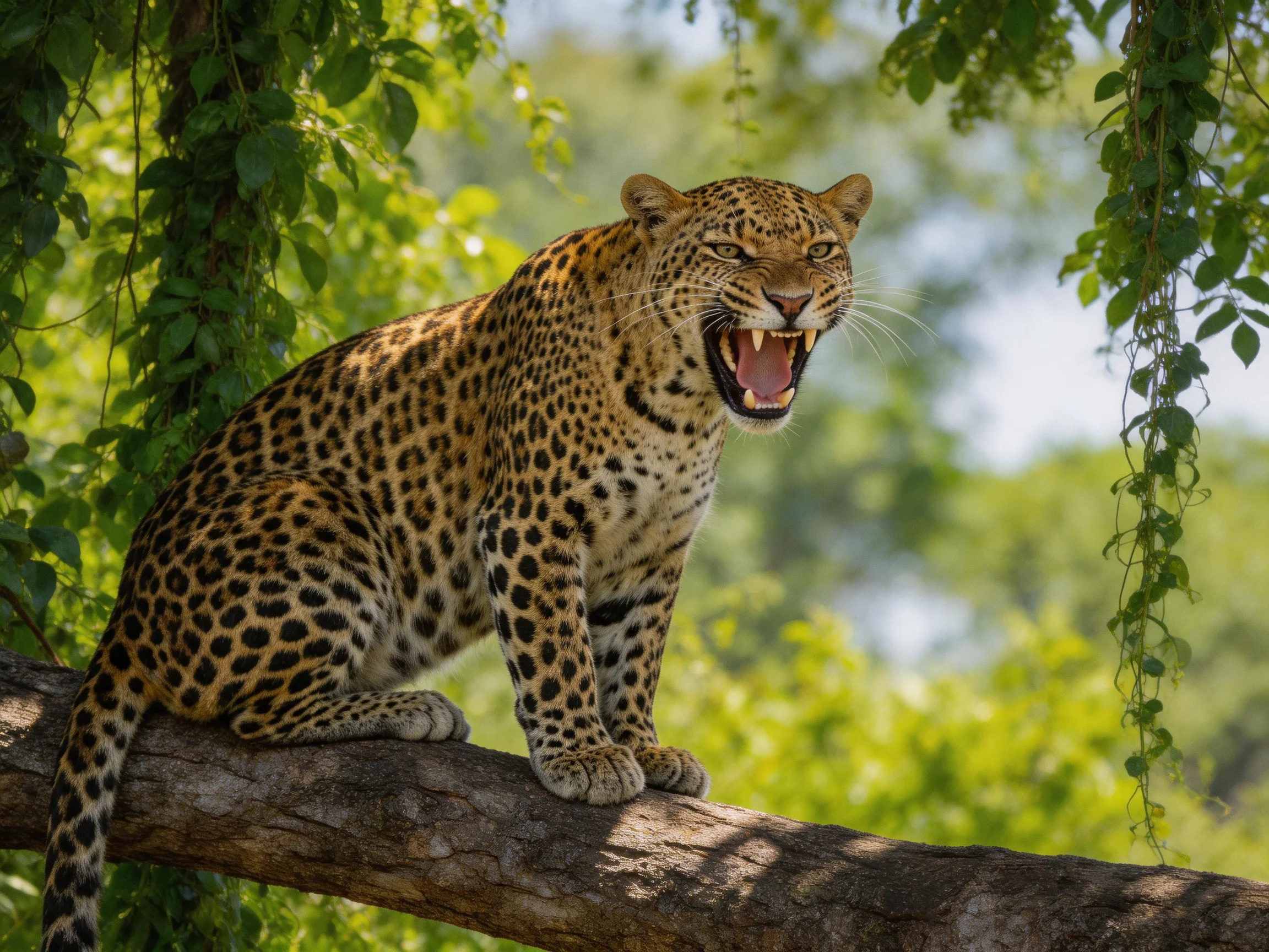 A spotted leopard roars from a thick tree branch amid lush greenery