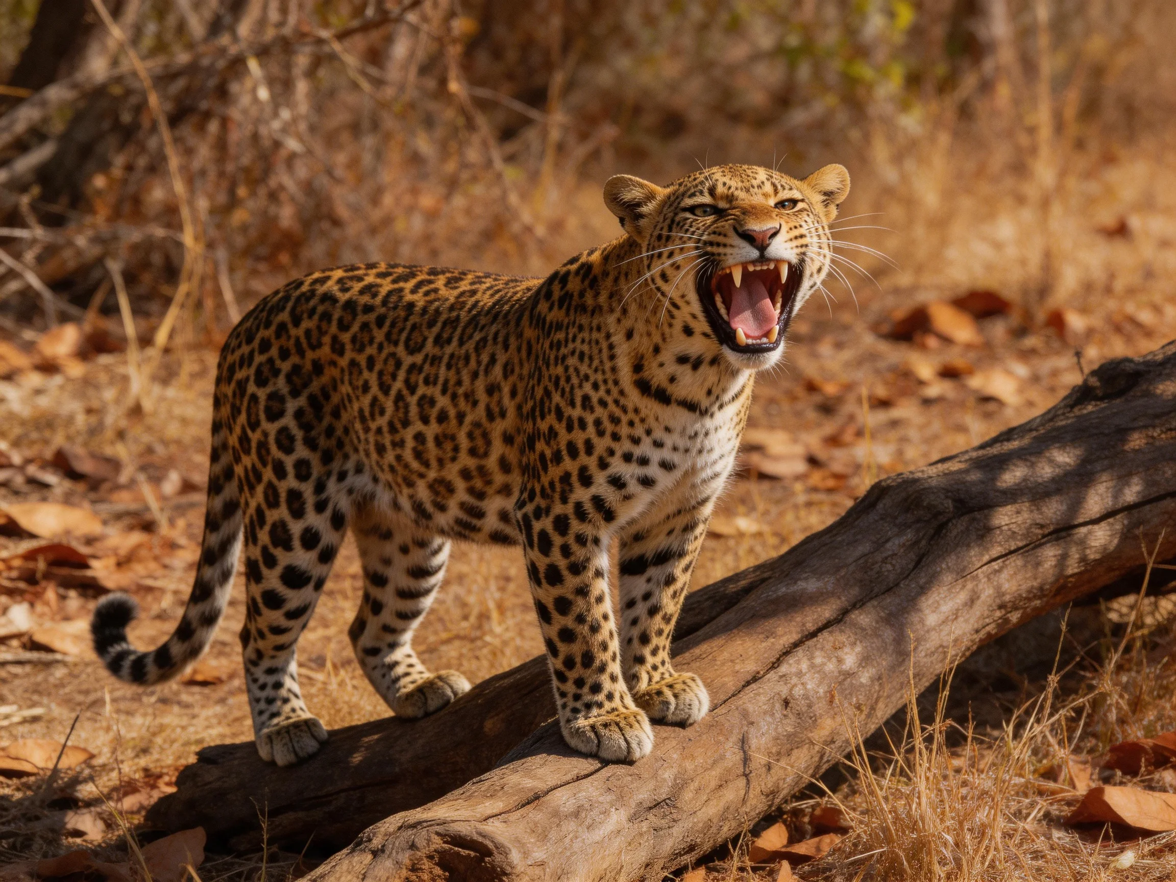 A spotted leopard roars on a weathered wooden log in dry foliage