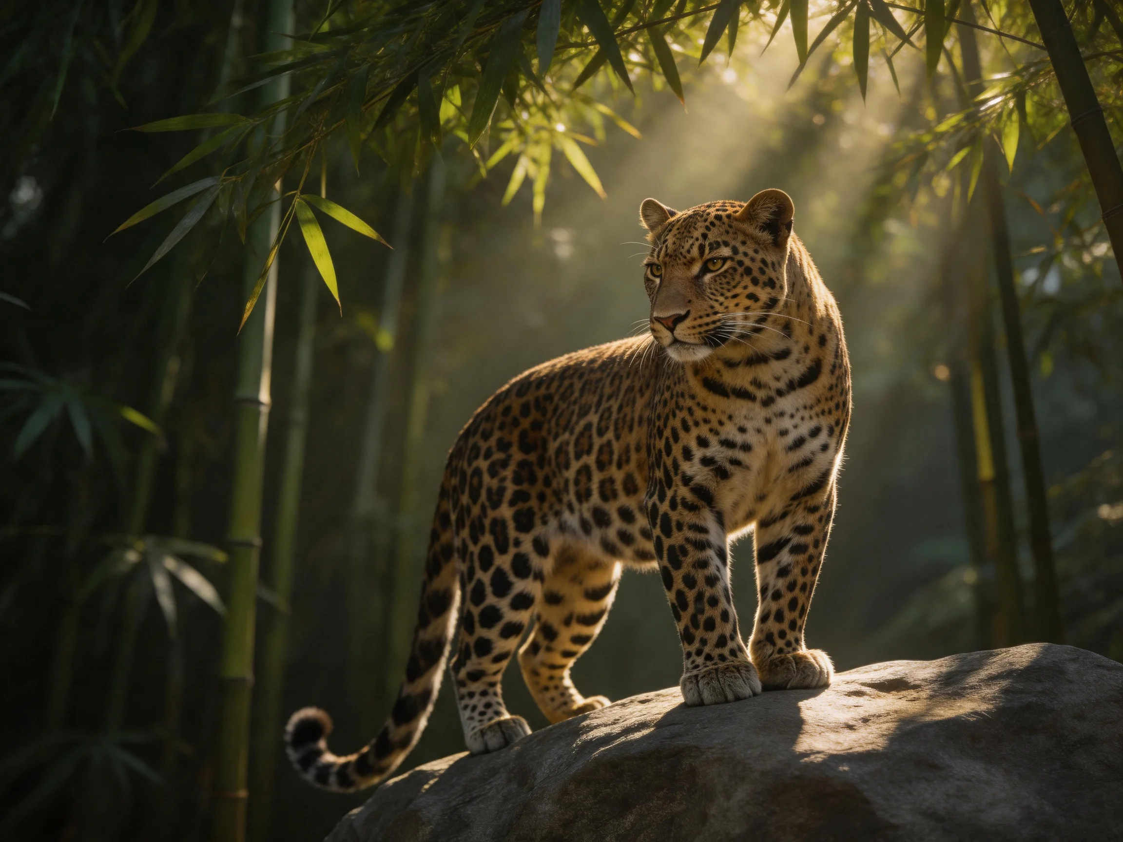 A leopard stands on a rock in a sunlit bamboo forest