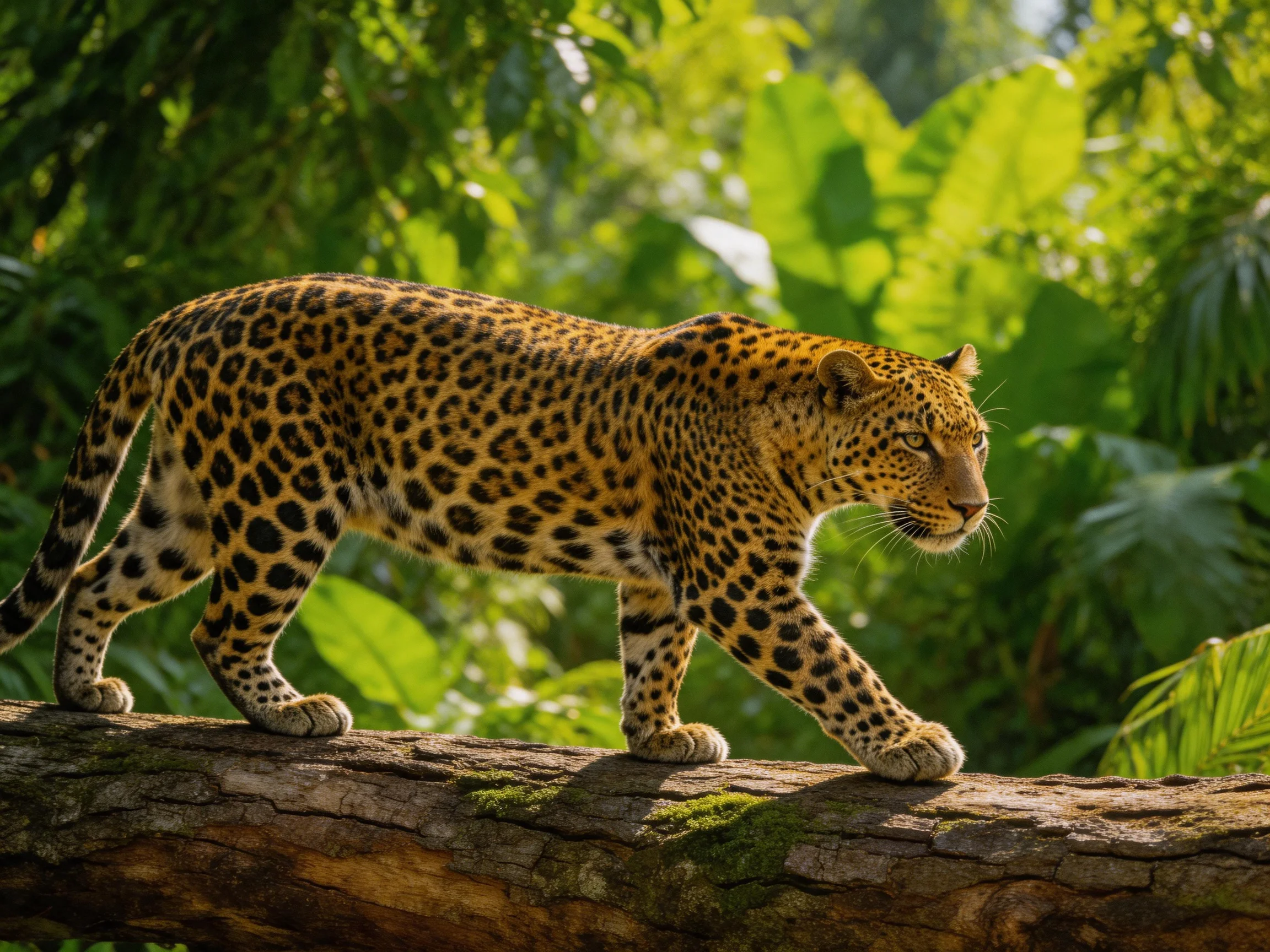 A leopard with distinct spotted fur crosses a mossy tree trunk amidst dense green foliage.