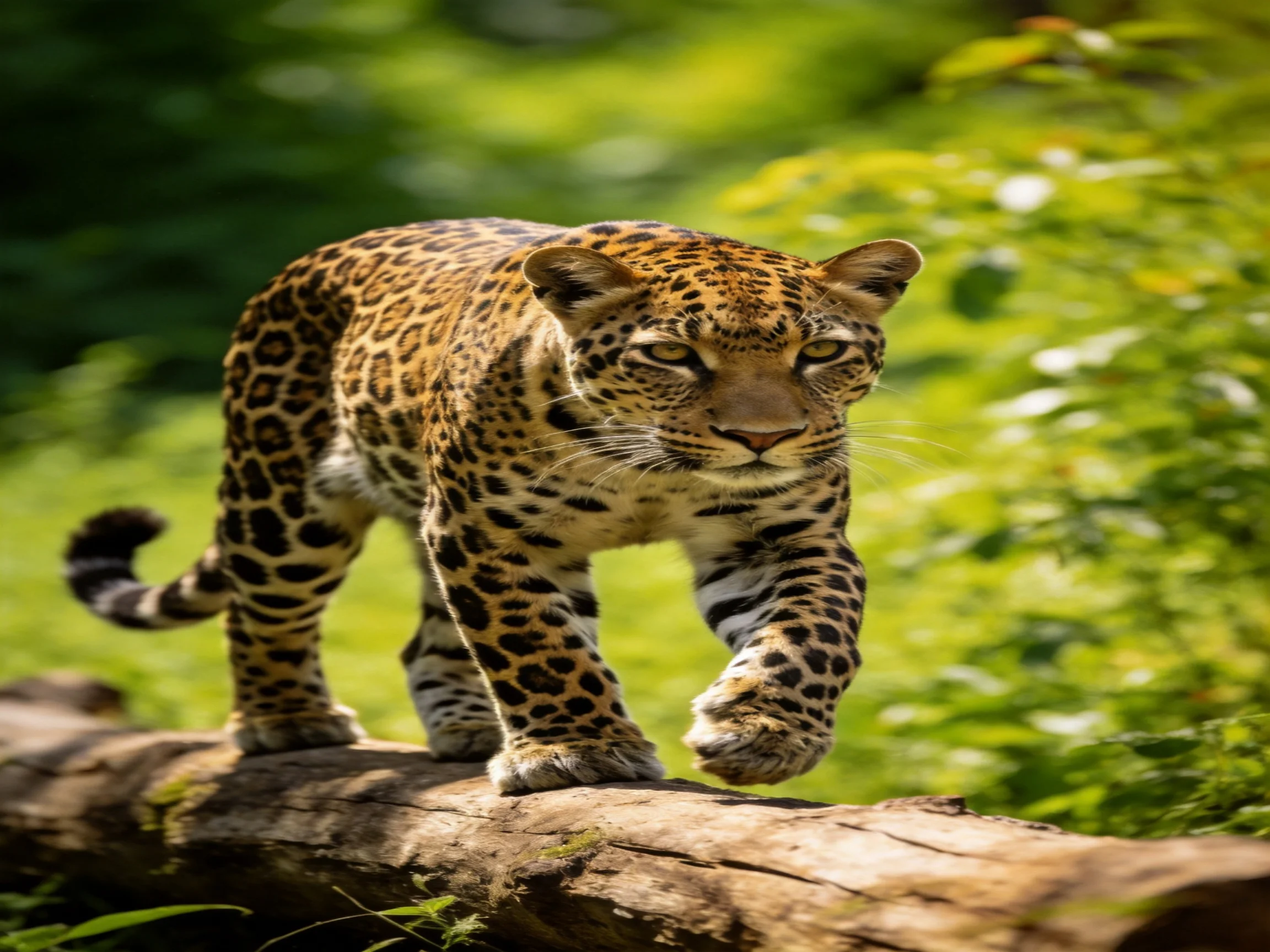 A leopard with brown and black spots walks on a log amid green vegetation.