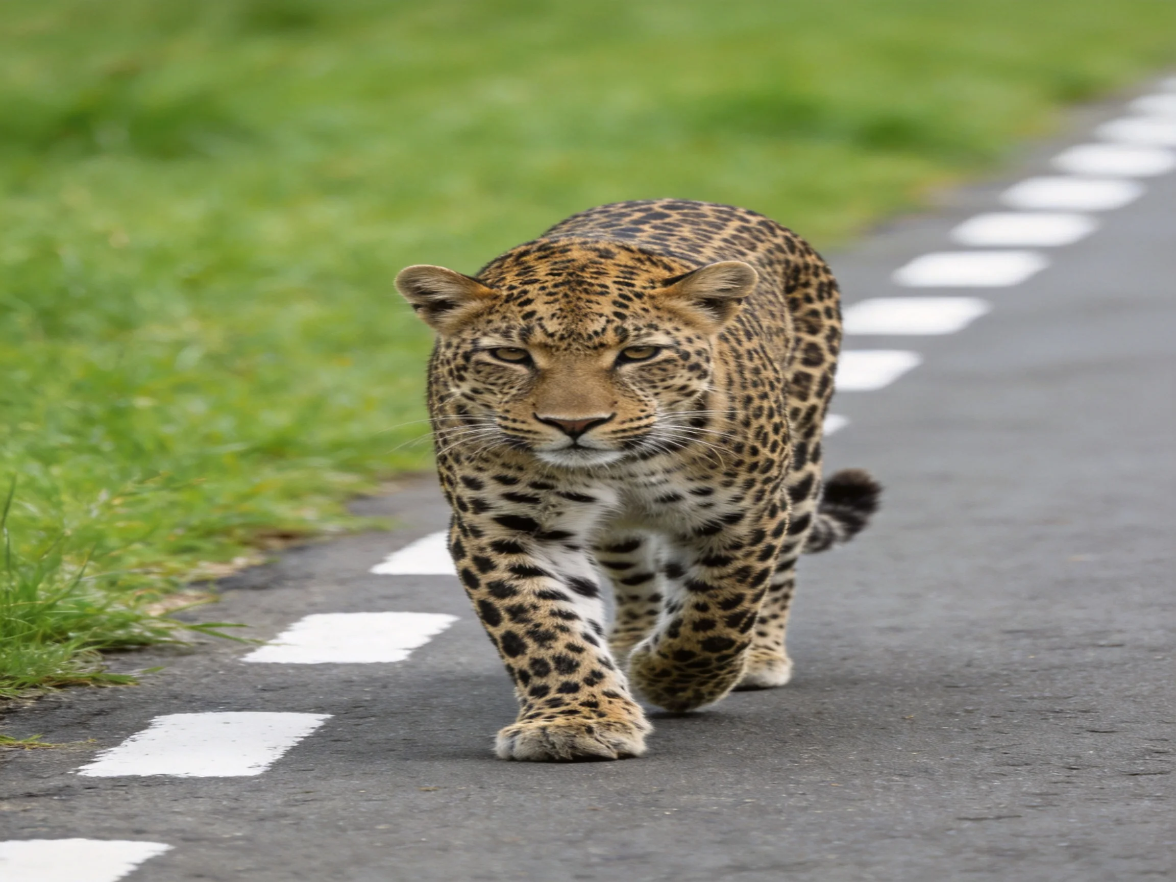 A leopard with spotted fur walks along a paved path next to grass.
