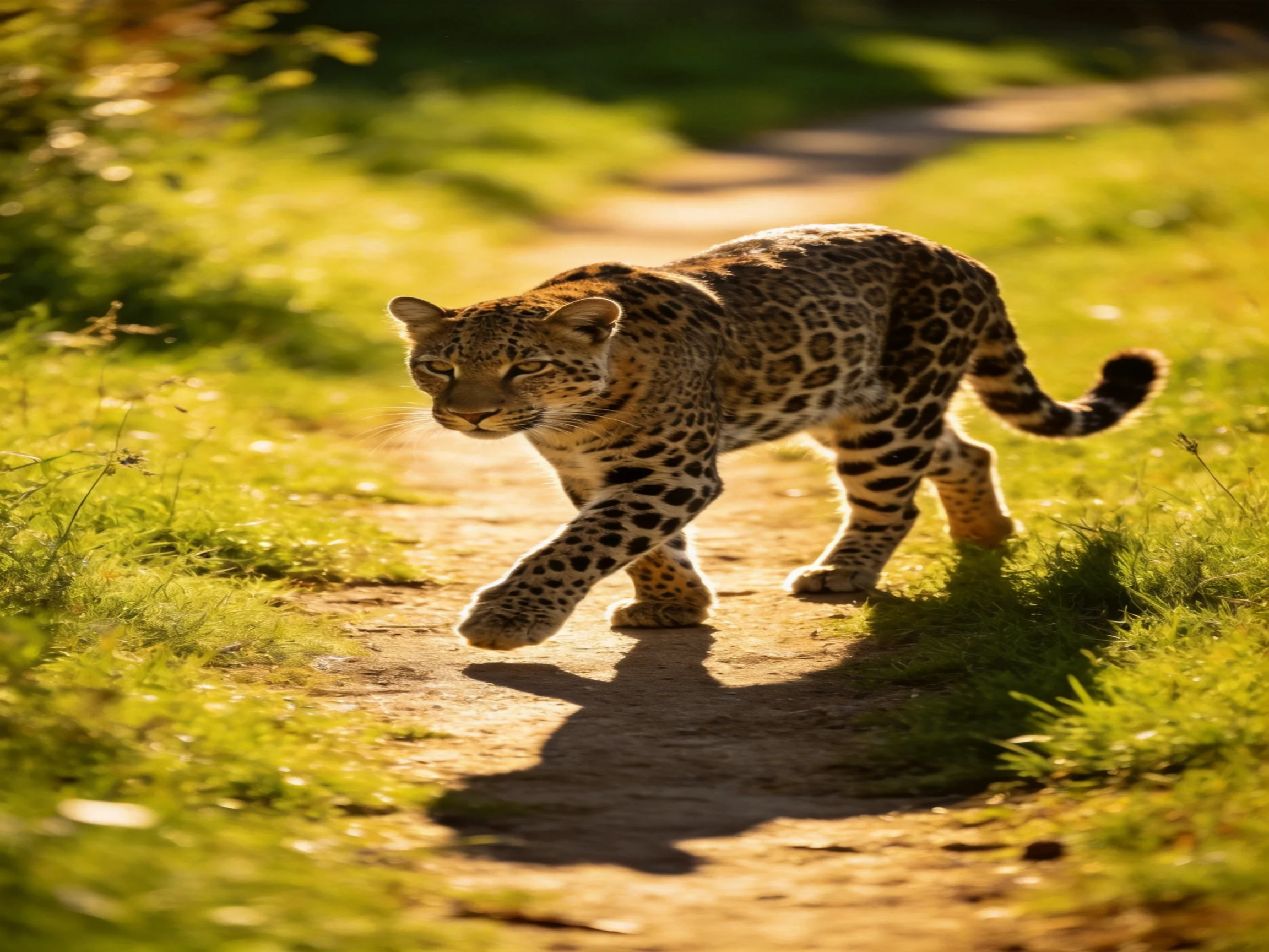 A spotted leopard crosses a sunlit dirt path in a verdant outdoor area.