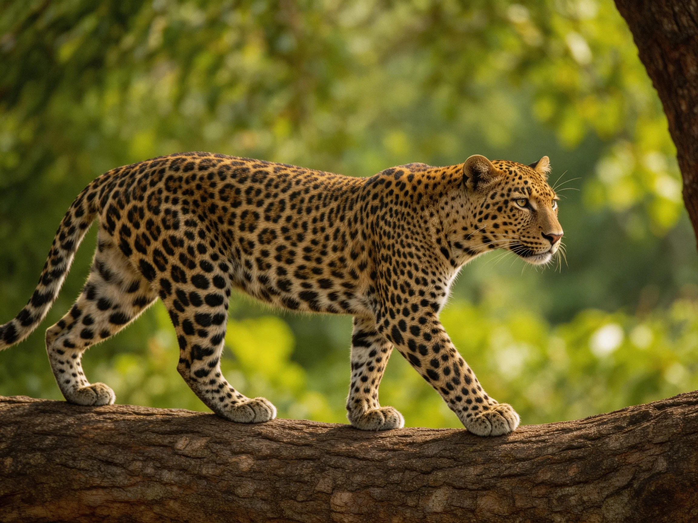 A leopard carefully walks on a thick tree branch in green surroundings