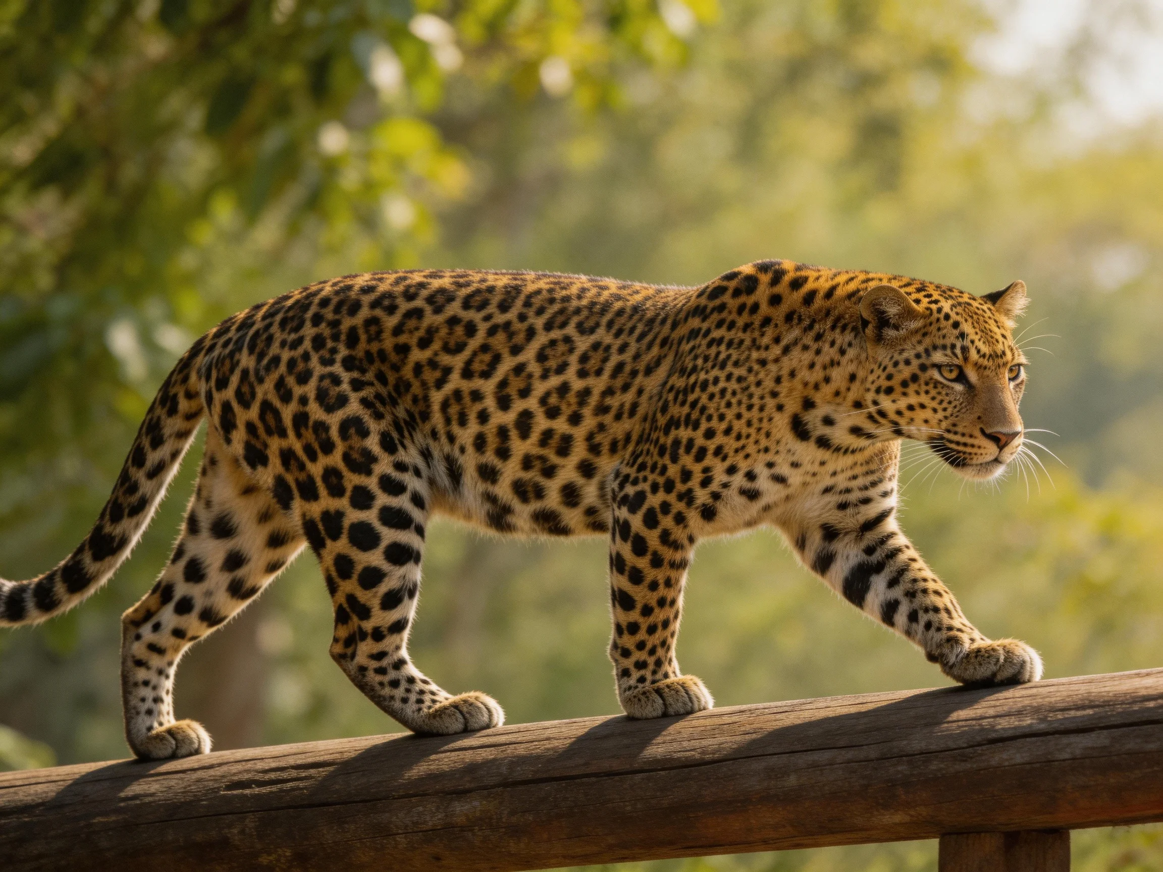 A leopard with distinct spotted fur moves across a wooden beam in a verdant environment.