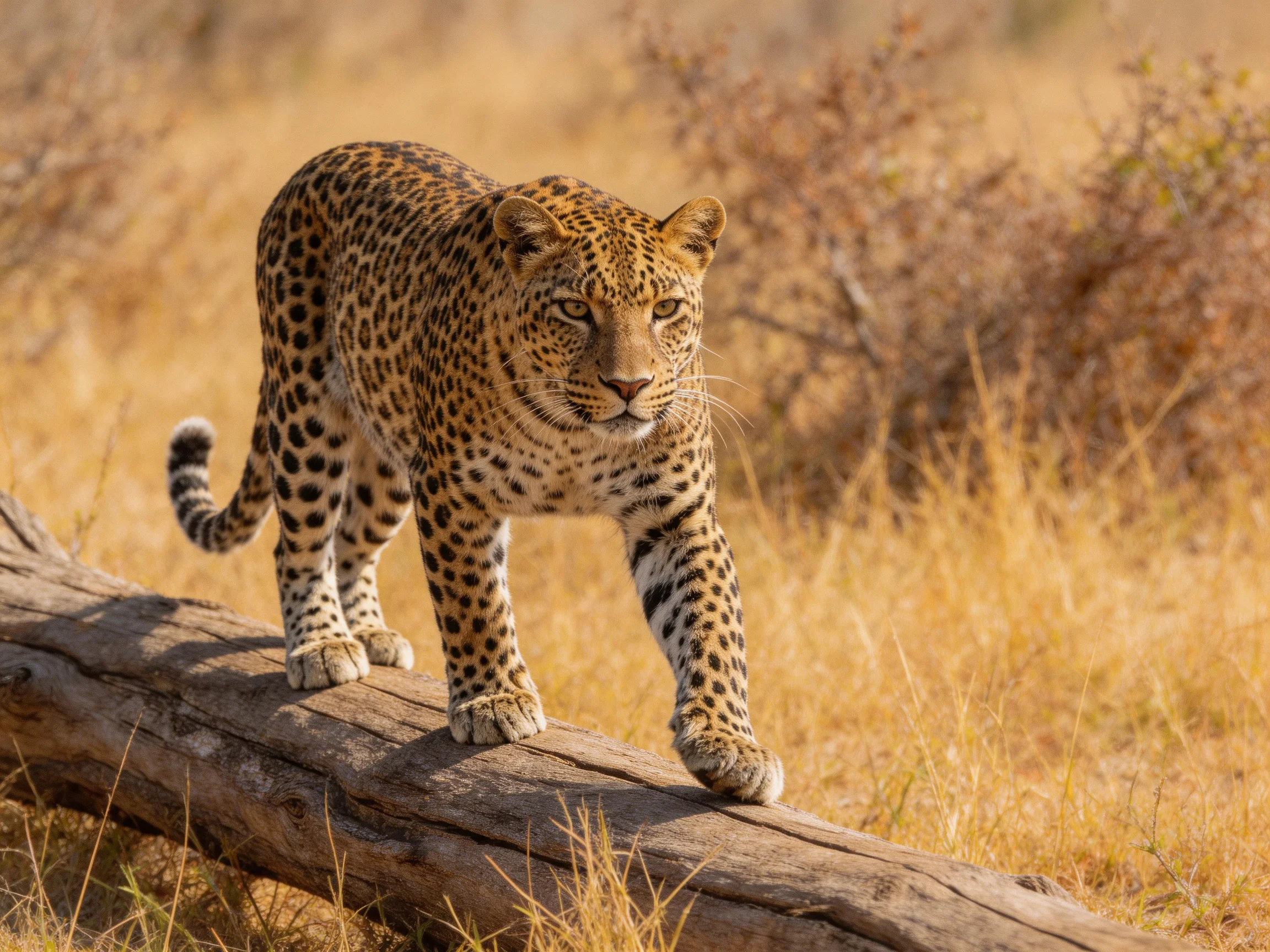A spotted leopard moves across a weathered log in golden savannah terrain.