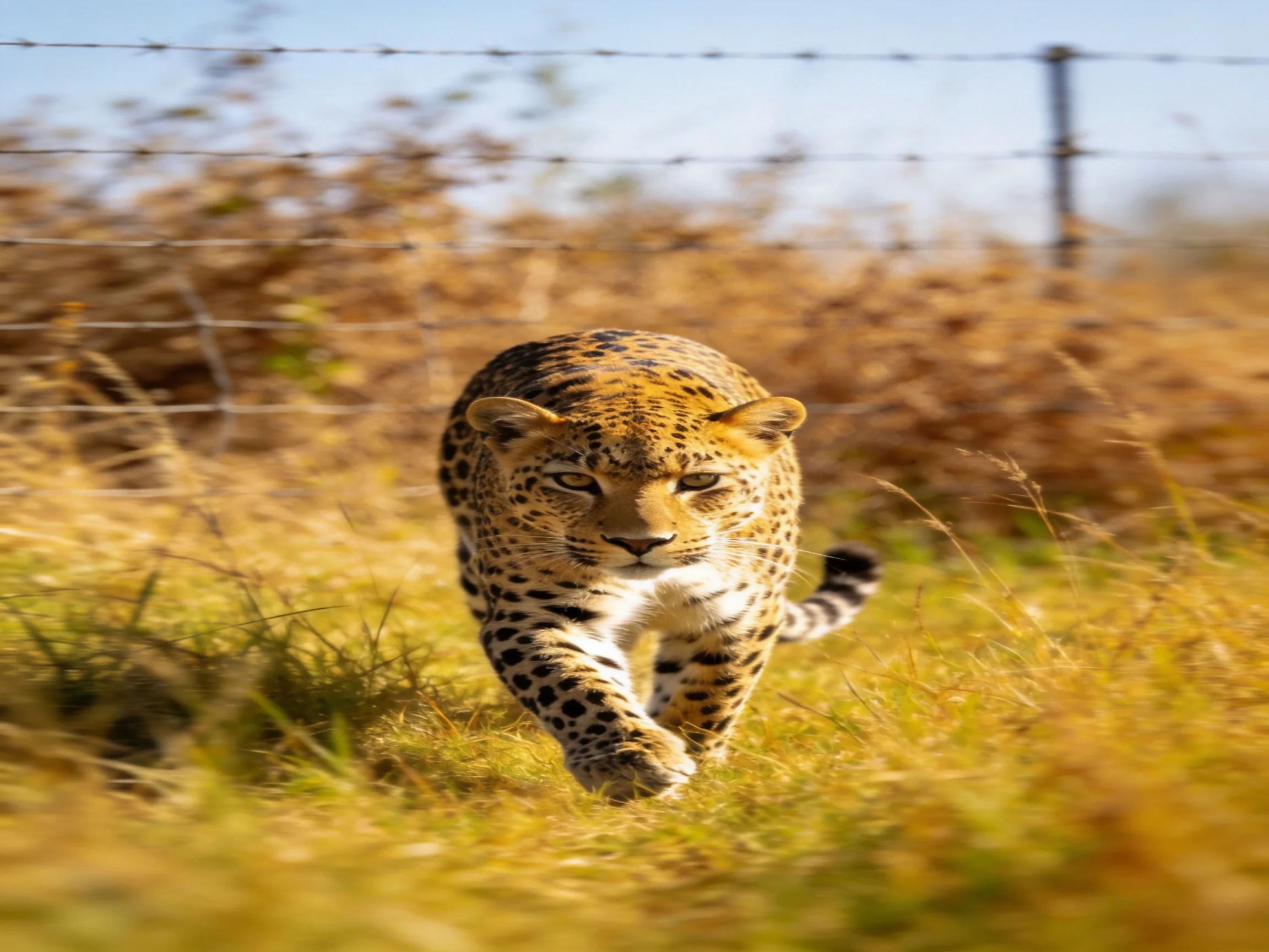 A leopard moves through golden grass near a barbed wire fence.
