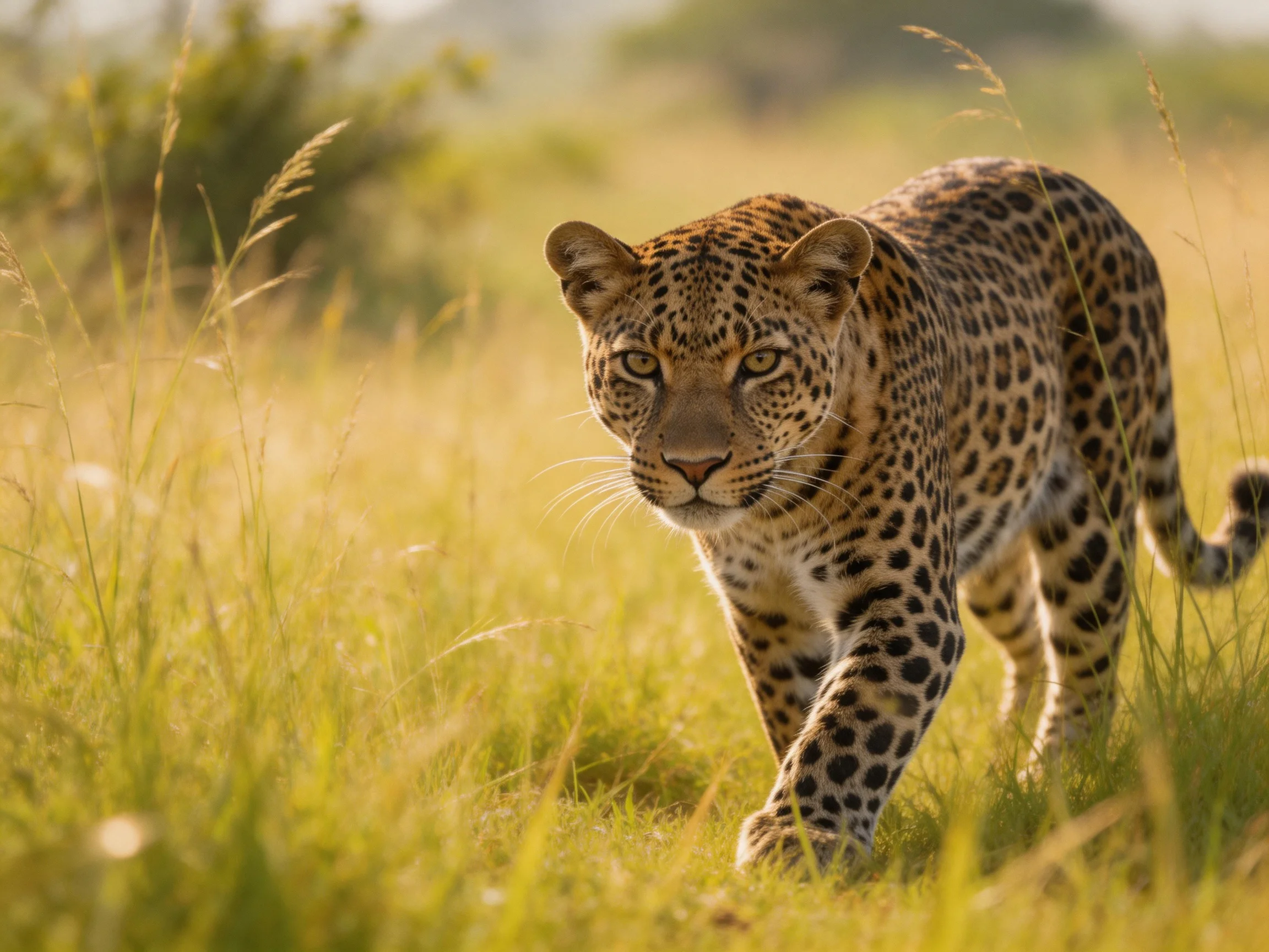 A spotted leopard moves through tall, golden savannah grass.