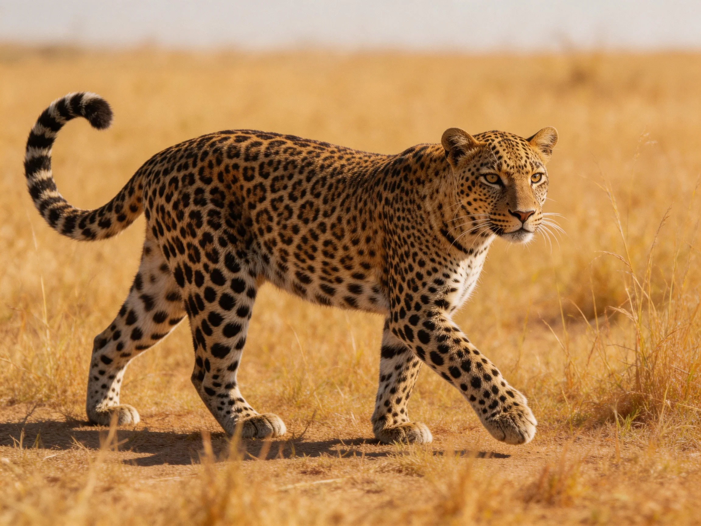 A leopard with distinct spots moves through golden savannah terrain.