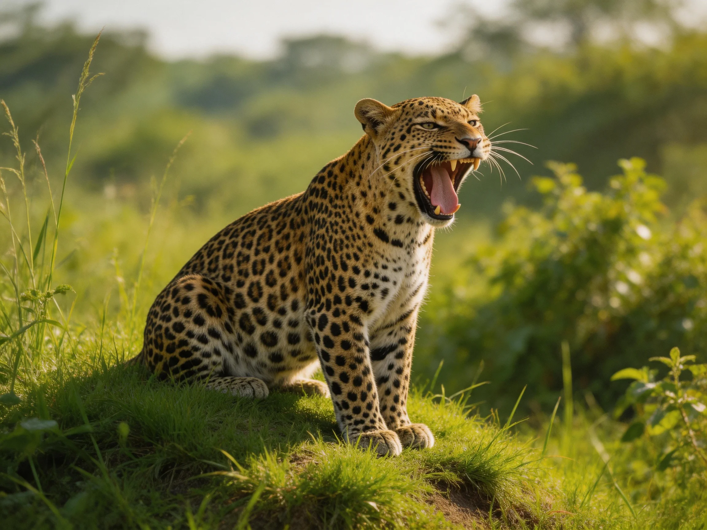 A leopard yawns while sitting on grass in a verdant natural setting.