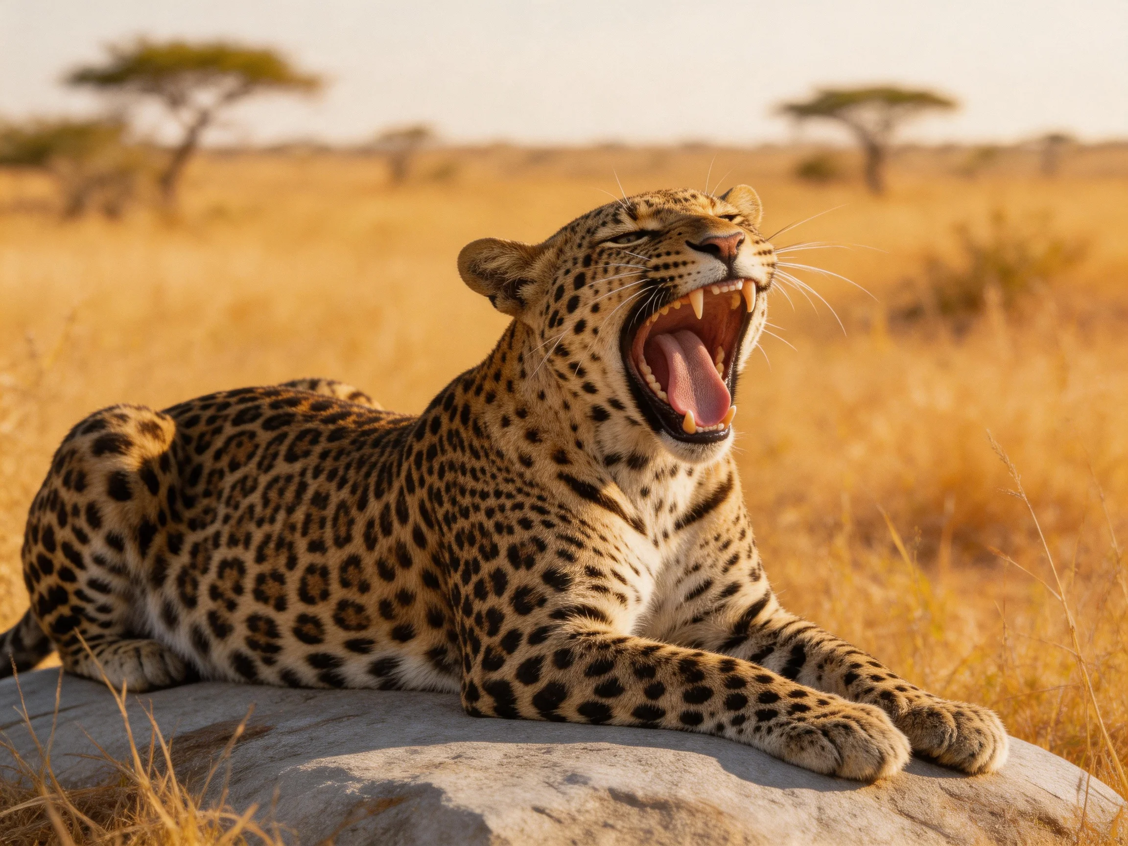 A spotted leopard yawns on a rock in golden savannah