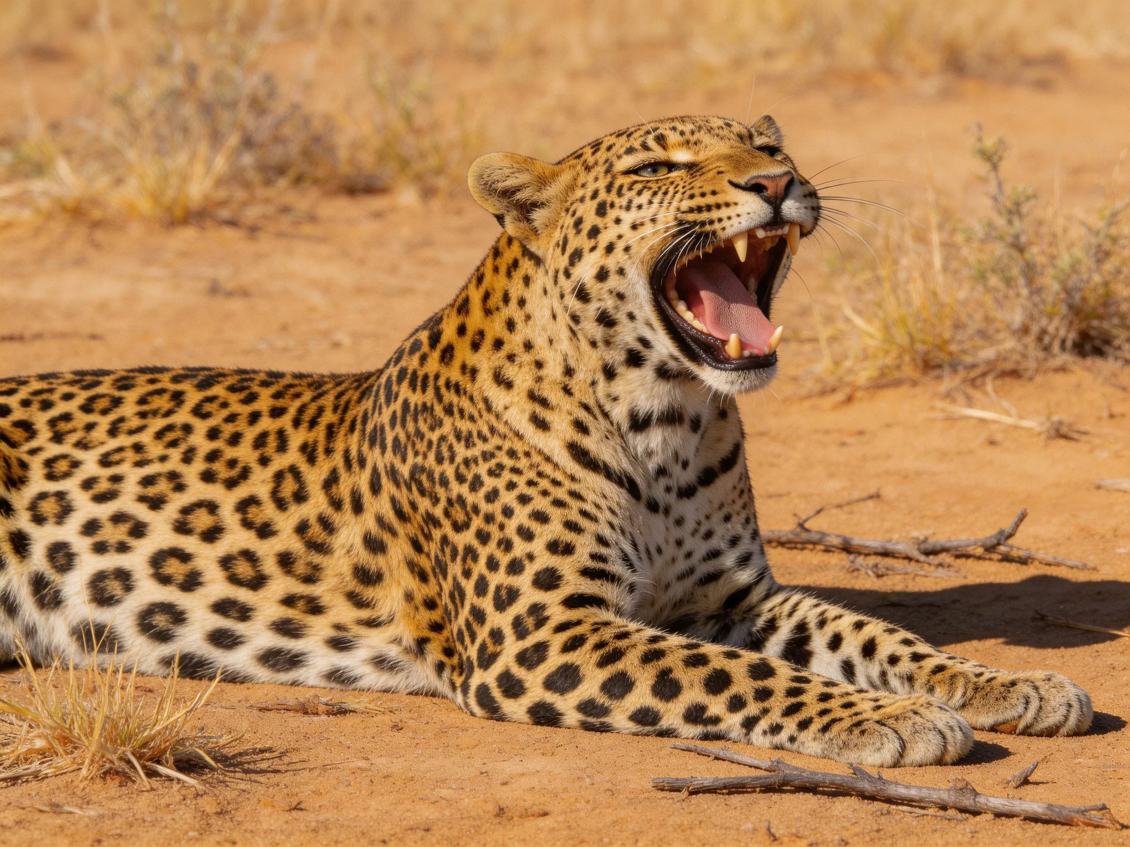 A spotted leopard yawns on sun-baked earth with dry vegetation