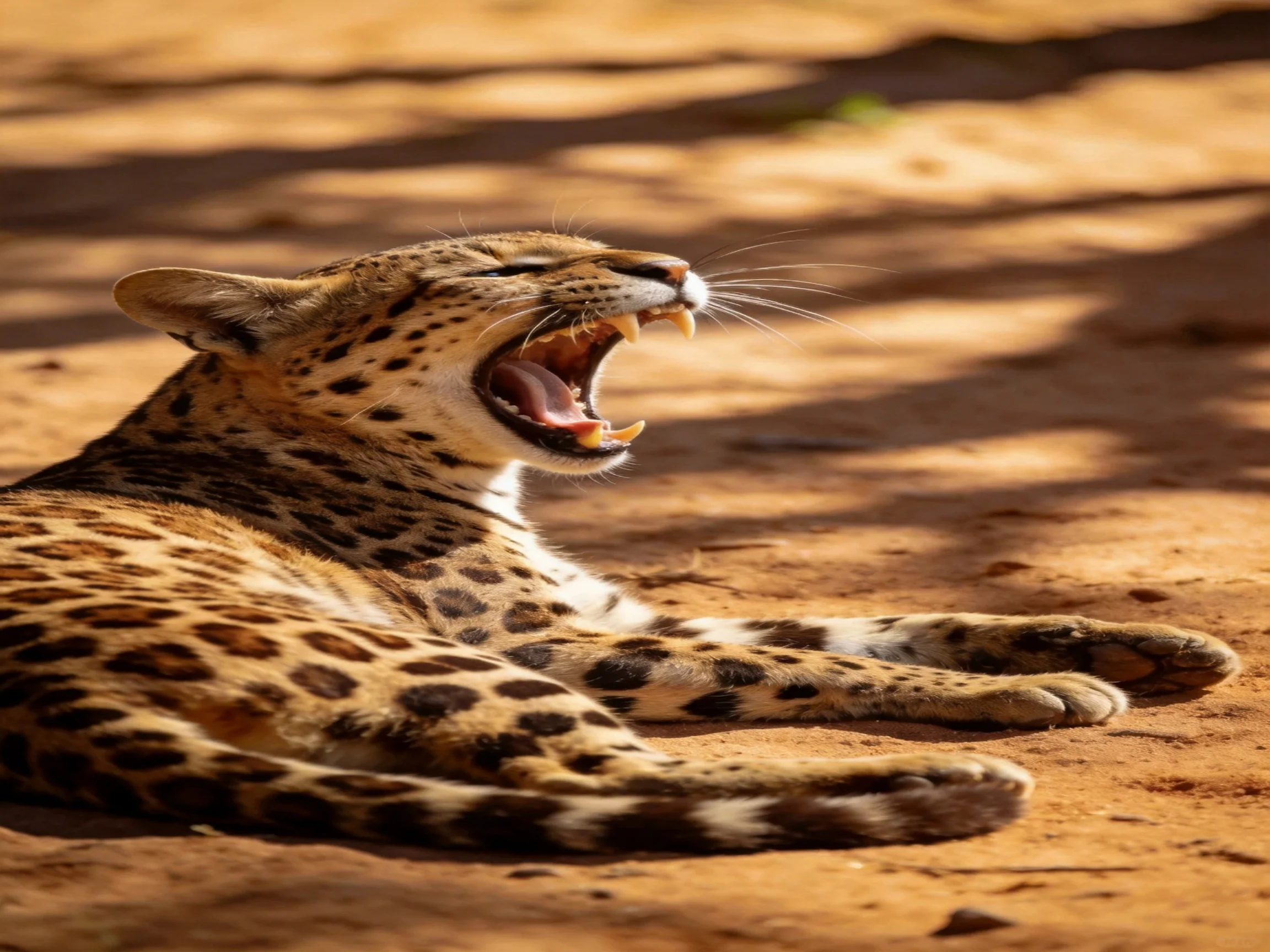 A spotted leopard rests on sunlit earth with mouth open.