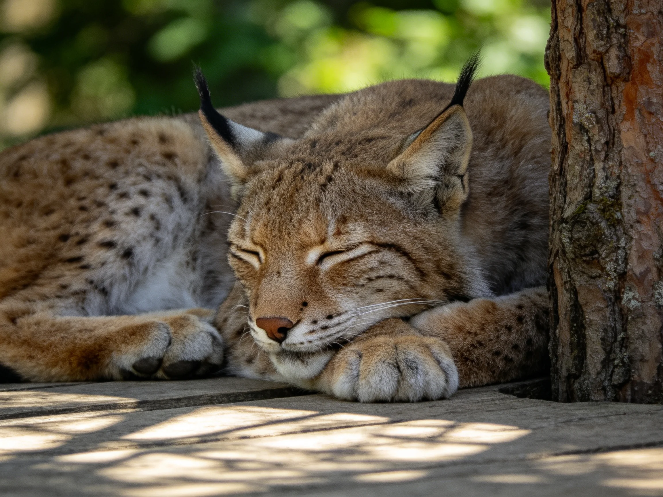 A spotted lynx rests peacefully beside a tree trunk