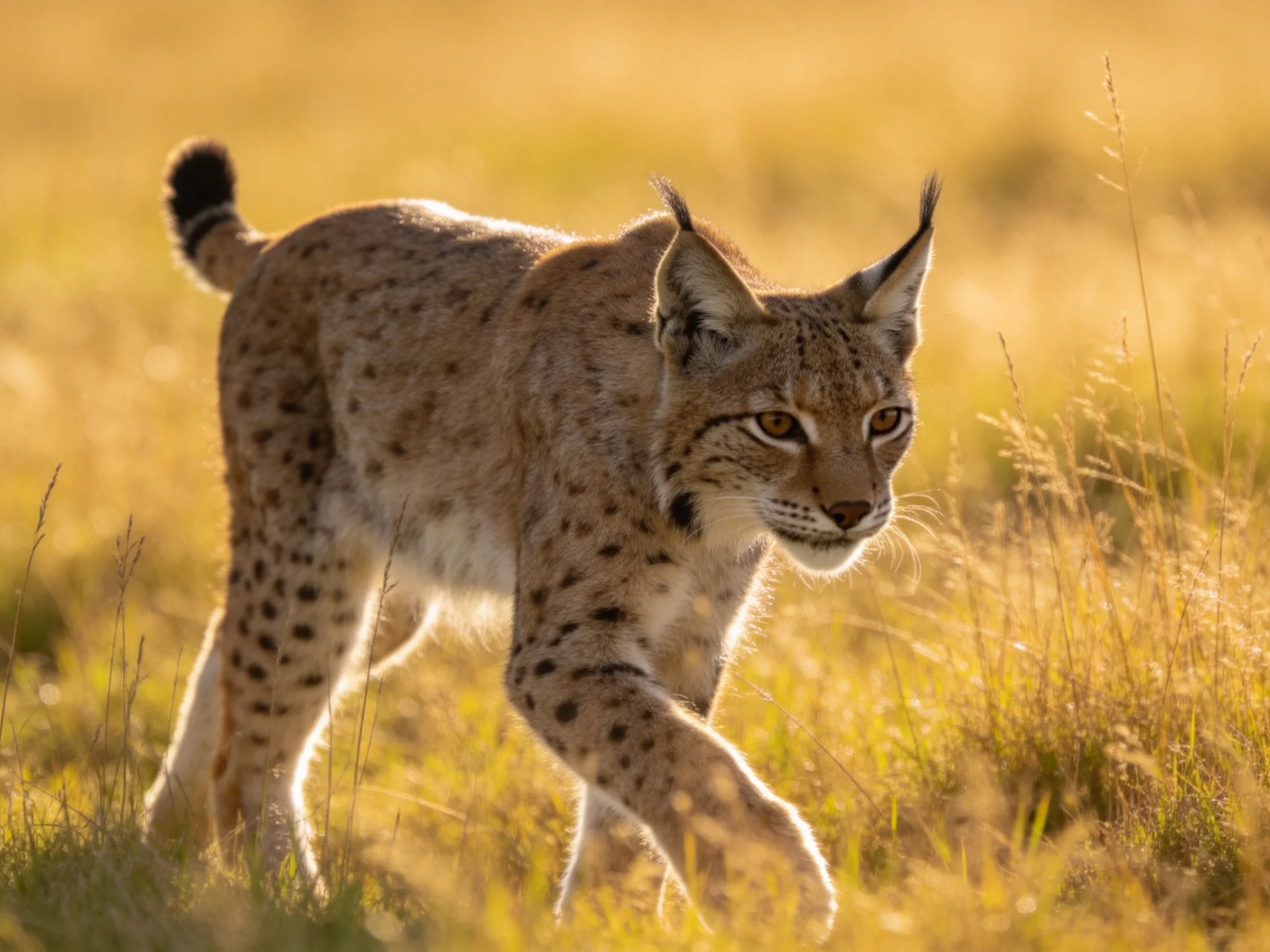 A lynx with spotted fur roams sunlit grasslands.