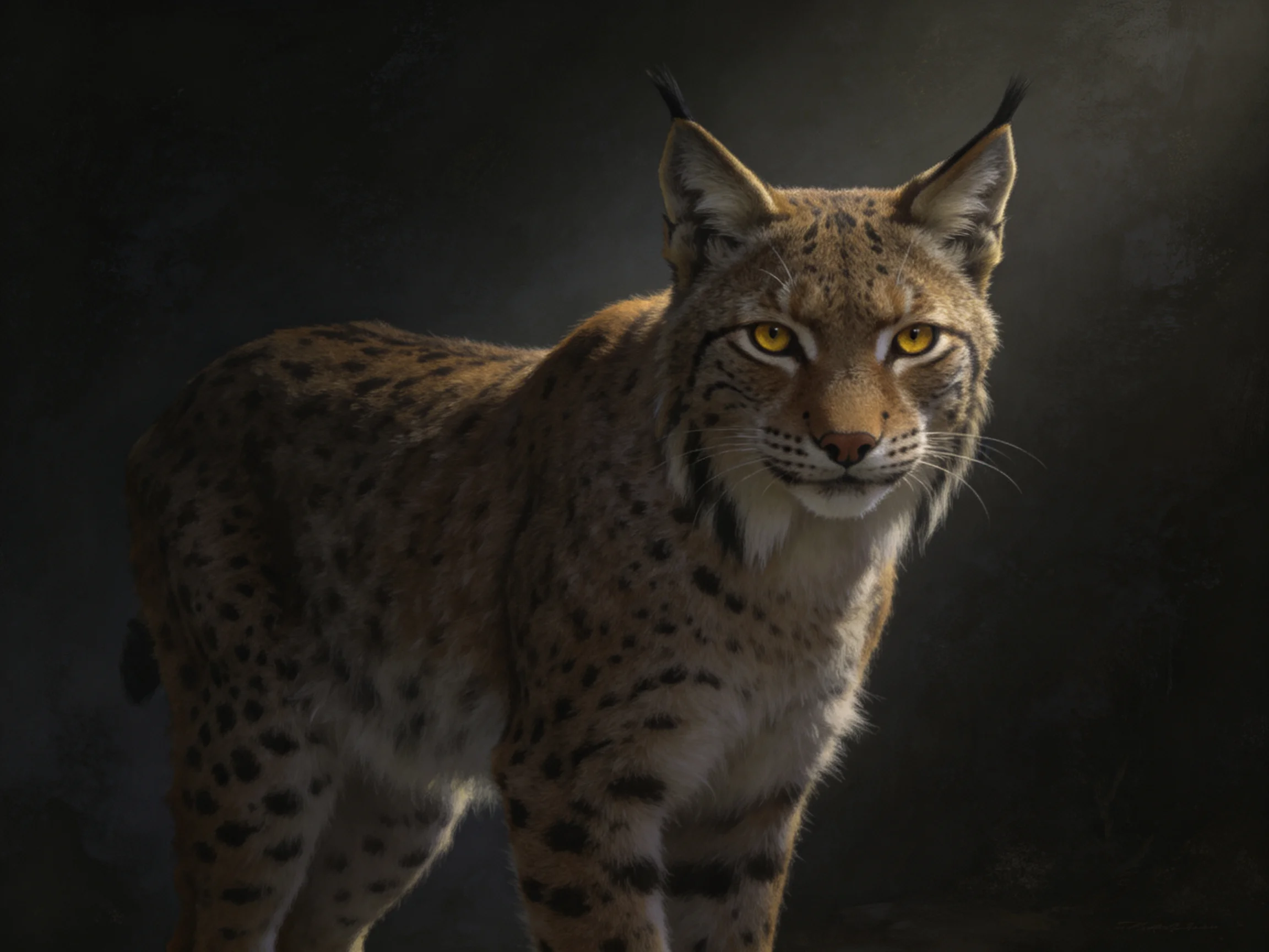 A lynx with golden eyes and spotted fur is centered against a dark background.